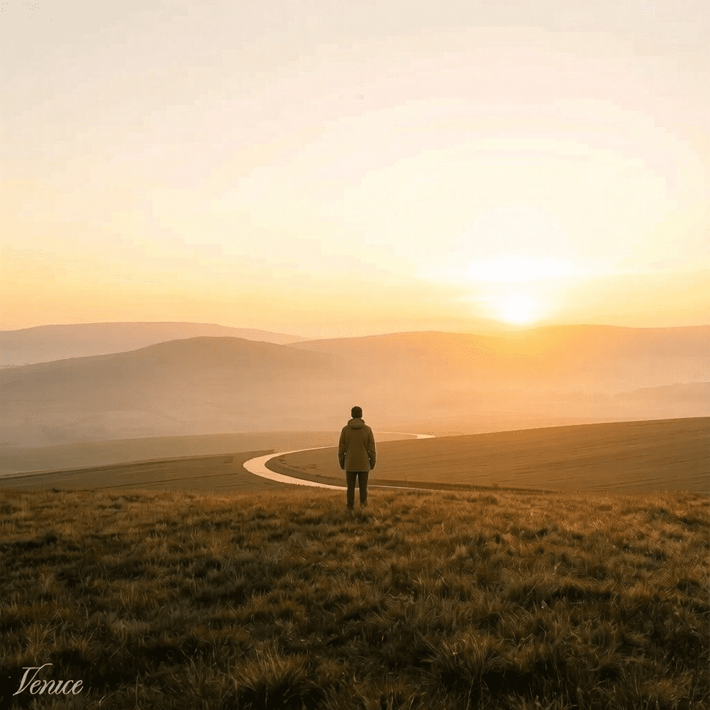 A lone figure standing in silhouette on an open hillside at golden hour, looking out over a wide valley and winding path below