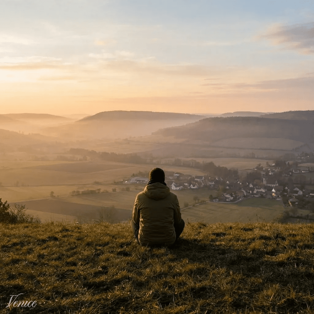 A lone figure sitting quietly on a grassy hillside overlooking a wide valley with a village and rolling landscape in soft golden sunrise light