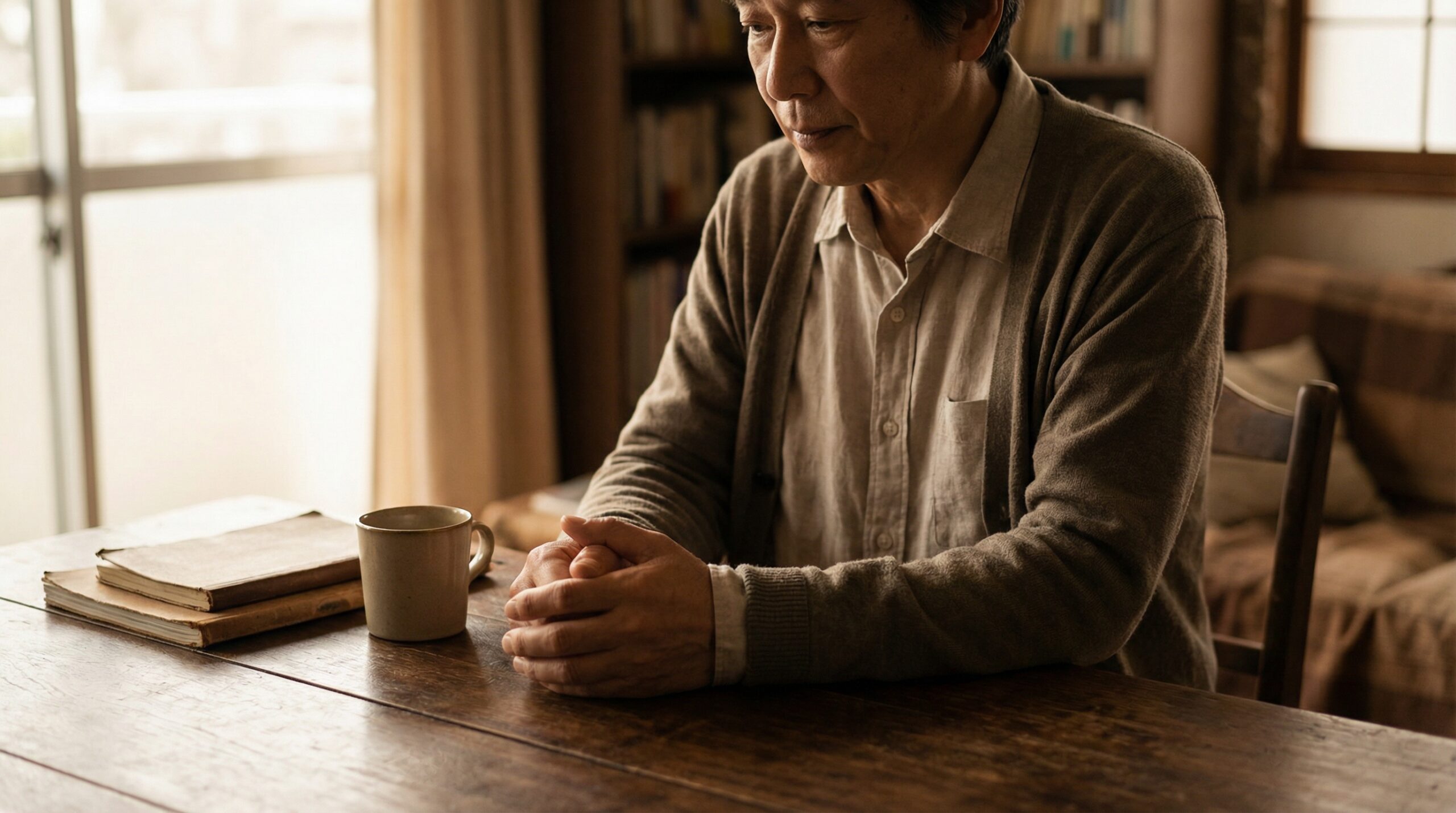 Middle-aged man seated at a wooden table with hands clasped, looking down in quiet reflection near a soft window