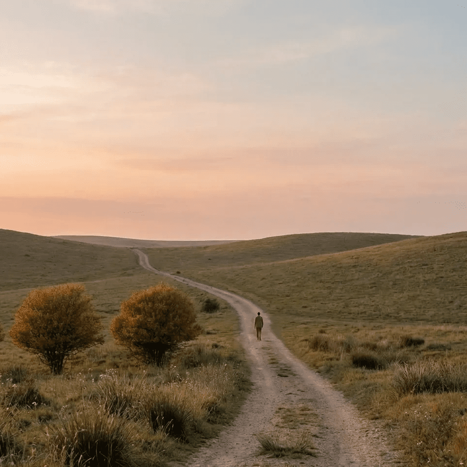 A winding dirt path moving forward through open rolling grassland under a soft pink and amber sunset sky