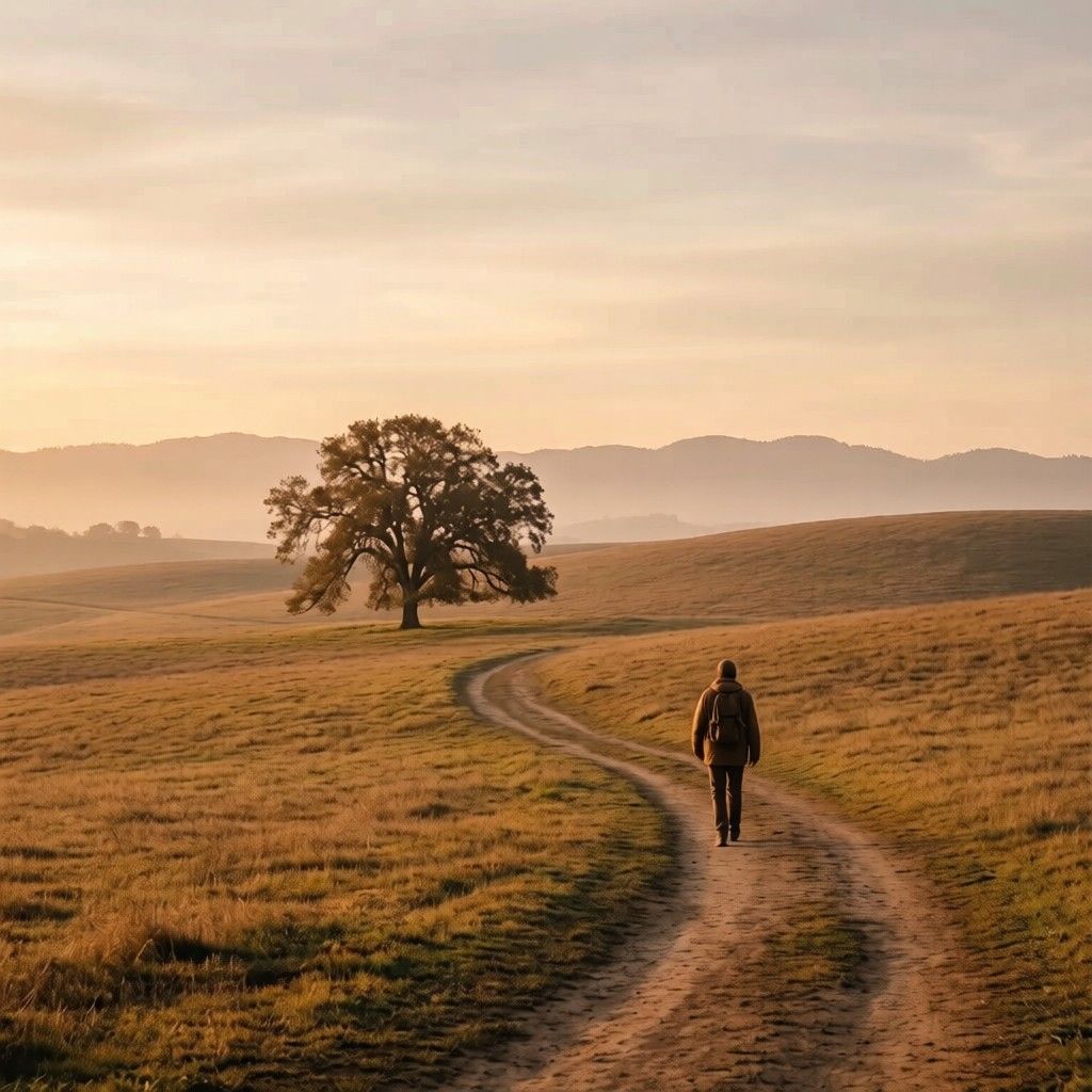 A lone figure walking forward along a winding dirt path through open golden grassland with a large rooted tree and soft morning hills in the background