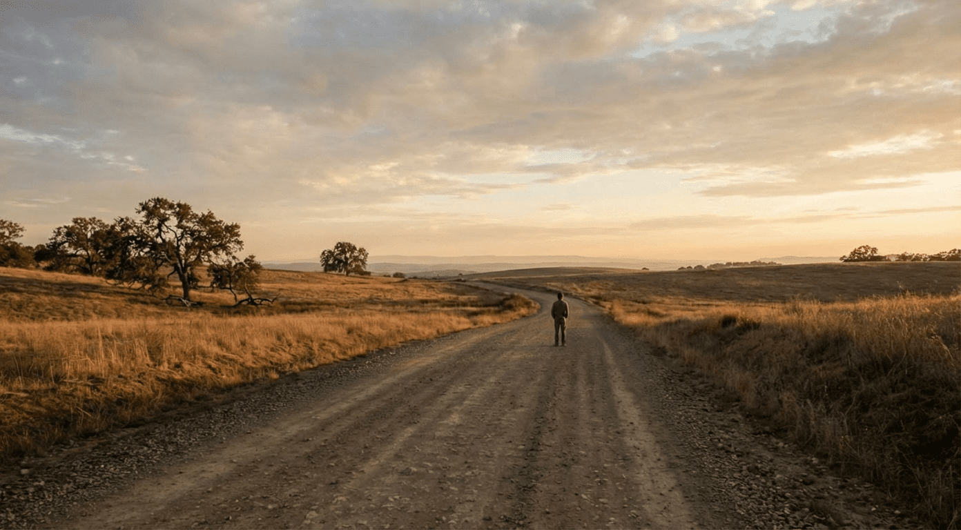 A lone figure standing on a winding gravel road through golden hills at sunset, looking toward the distant horizon