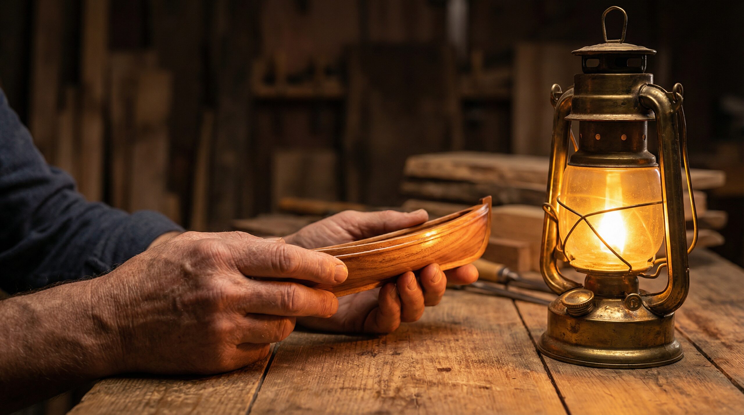A craftsman's hands holding a polished wooden bowl beside a glowing lantern in a dark workshop