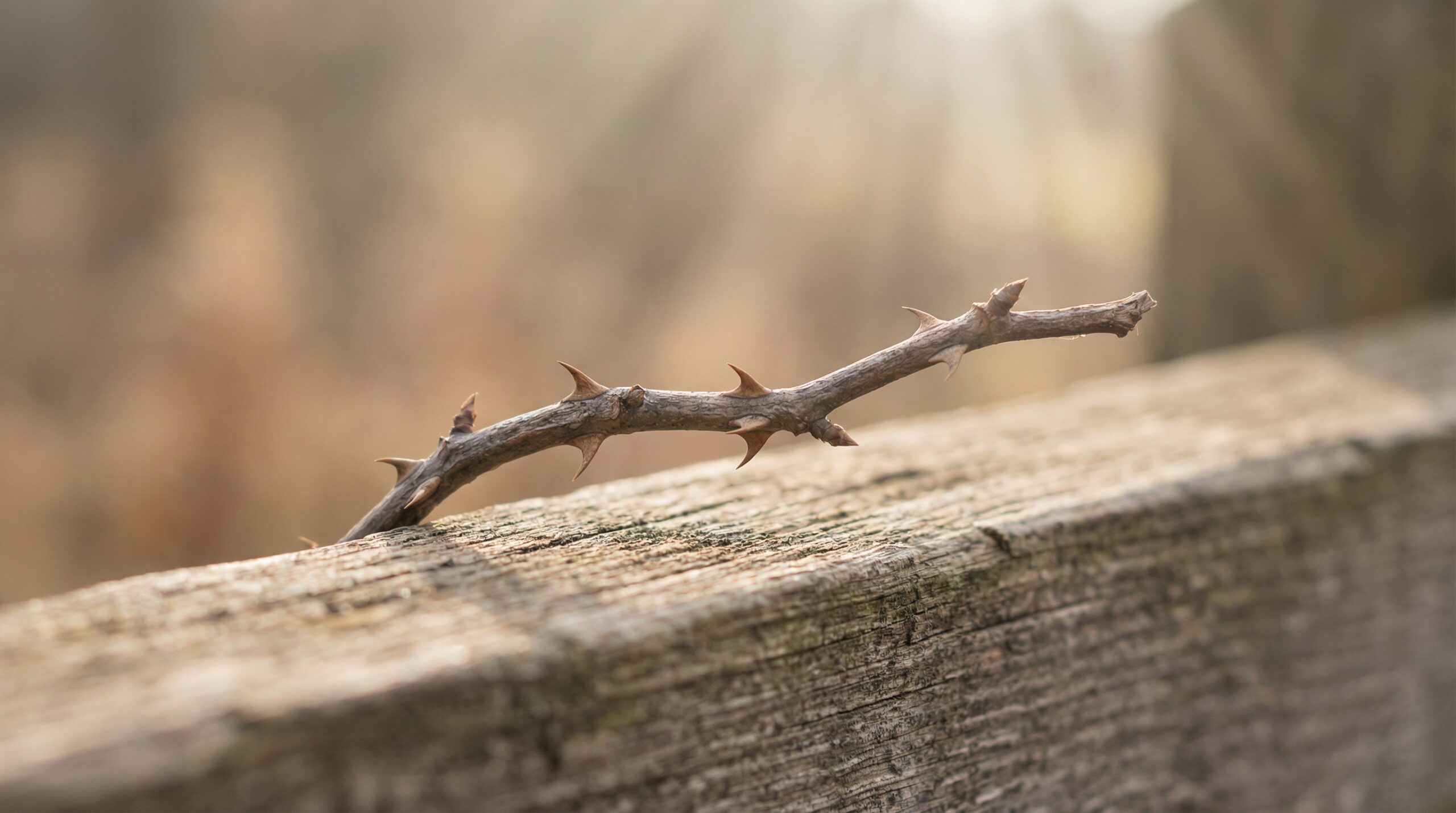 Single thorn branch resting on aged wood in warm morning light