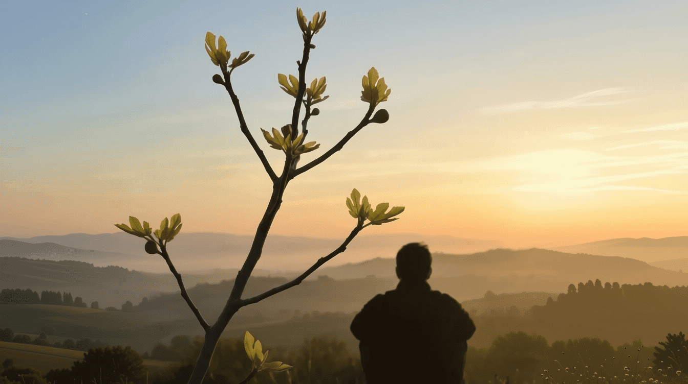 Fig branch with tender new leaves in the foreground and a silhouetted figure sitting peacefully overlooking a misty valley at golden hour