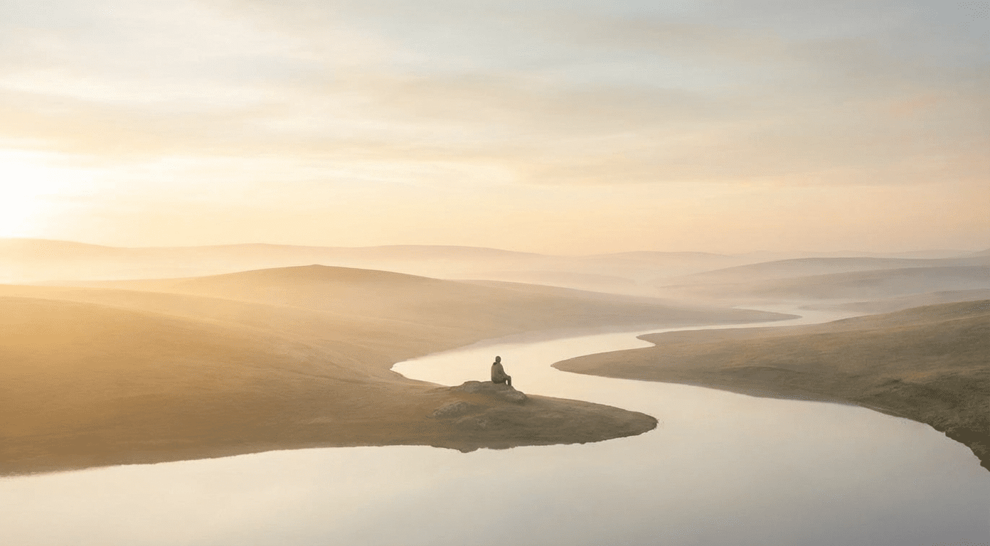 A small figure sitting on a hillside overlooking a winding river at sunrise in soft morning light.