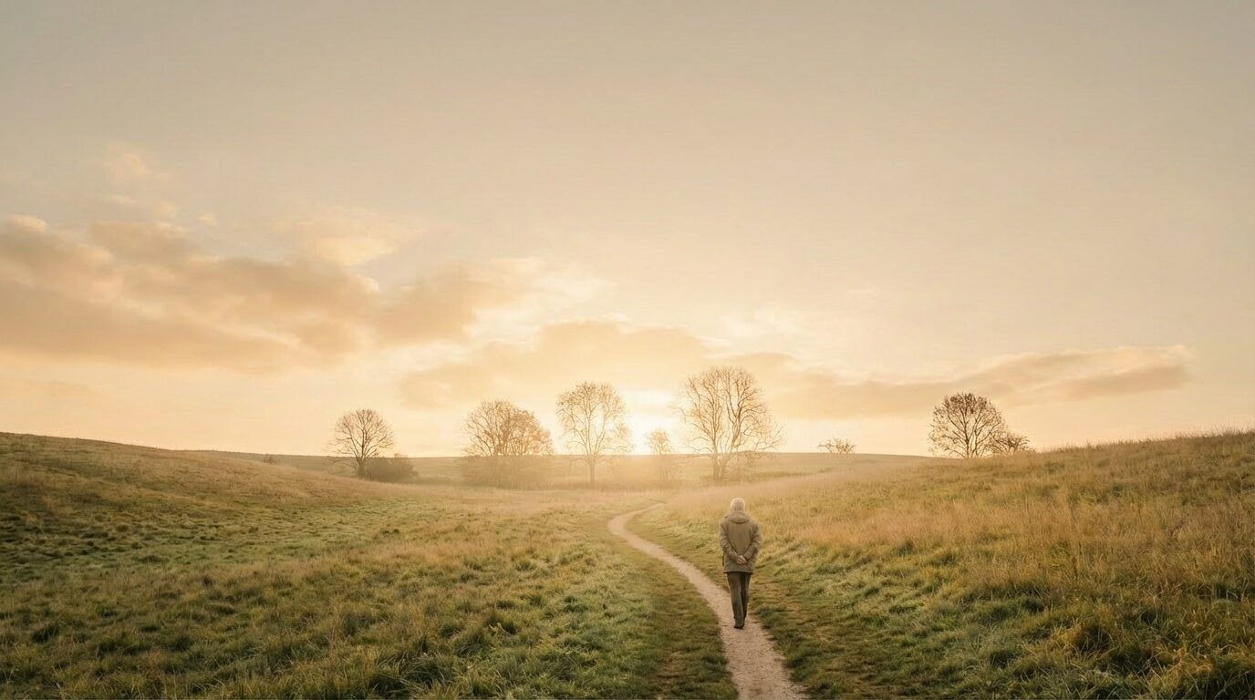 Man walking calmly along a curved path through grassy hills at sunrise, symbolizing steady growth and security in God’s grace.