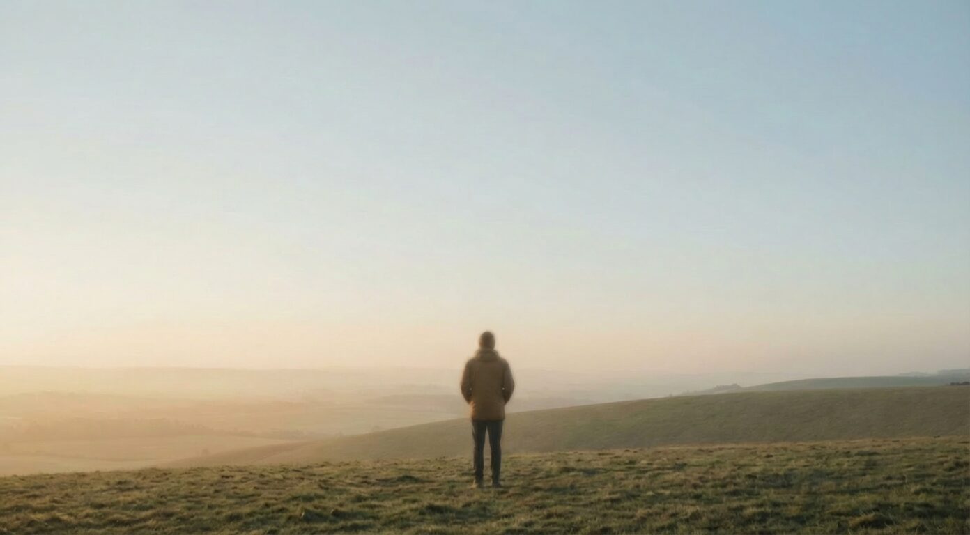 A single figure standing quietly on a hill at sunrise, looking over a peaceful landscape in soft morning light.