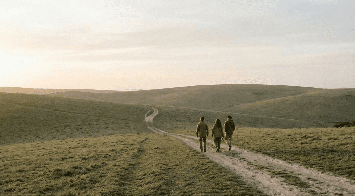 Three believers walking along a winding path through open hills, symbolizing faithful witness under God’s authority in Acts 1:7–8.