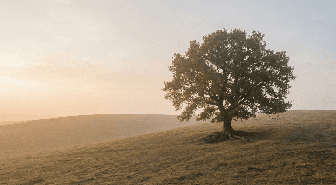 Single mature tree with exposed roots standing on a quiet hillside at sunrise, soft golden light illuminating the landscape