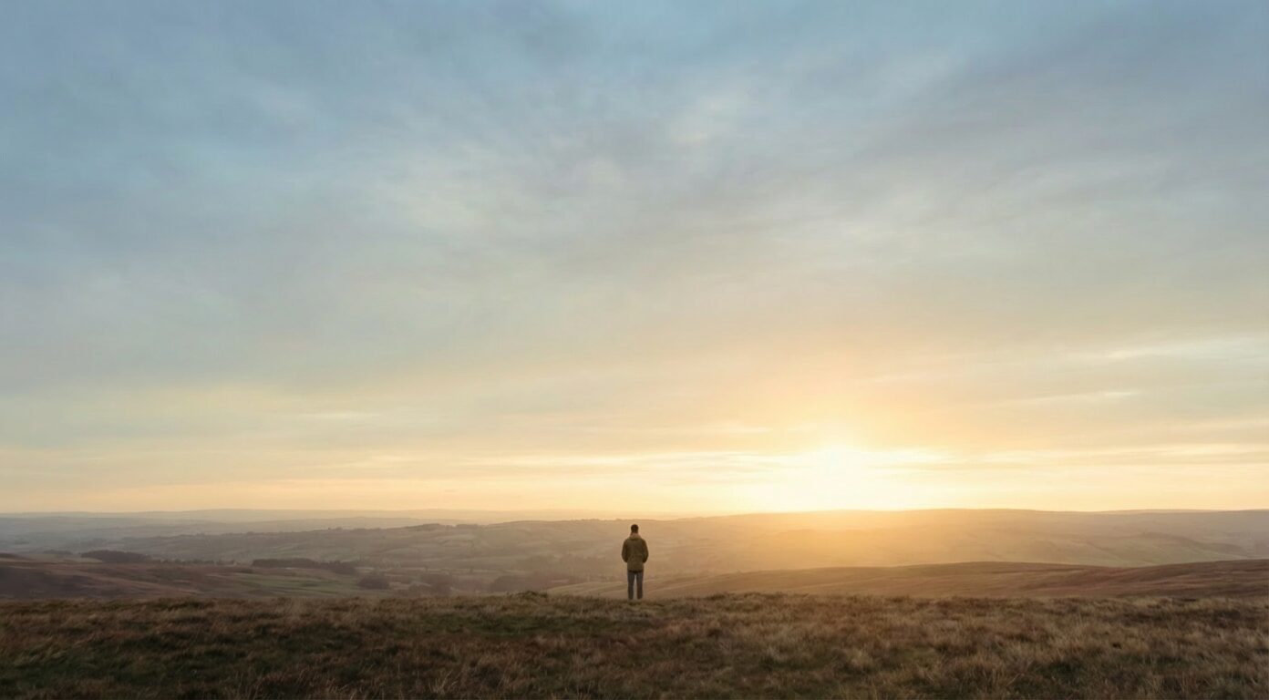 Man standing on hillside at sunrise overlooking expansive landscape, symbolizing longing for the new heavens and new earth under Christ’s reign
