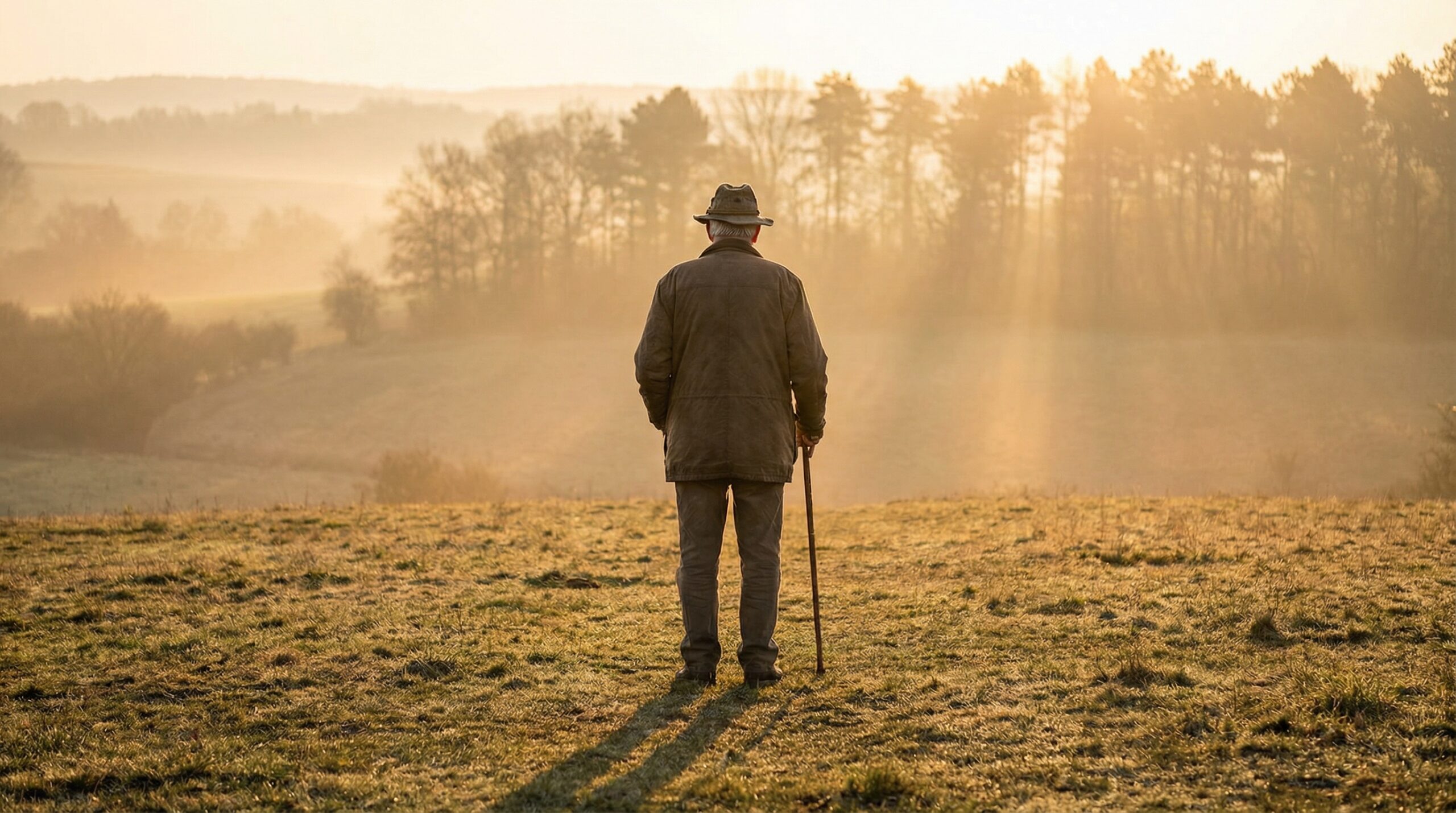Older man standing in an open misty field at golden hour, seen from behind, holding a walking staff