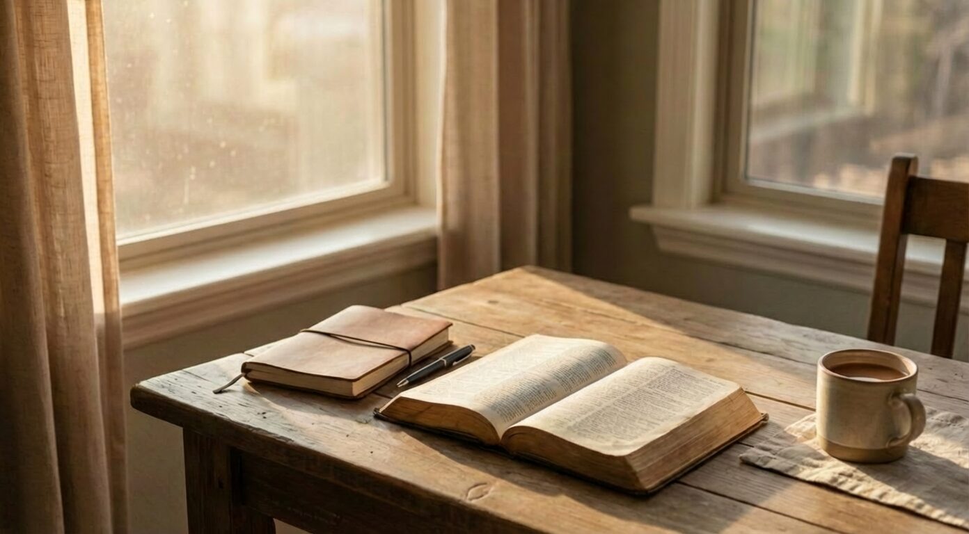 Open Bible on a wooden table in soft morning light beside a journal and coffee mug.