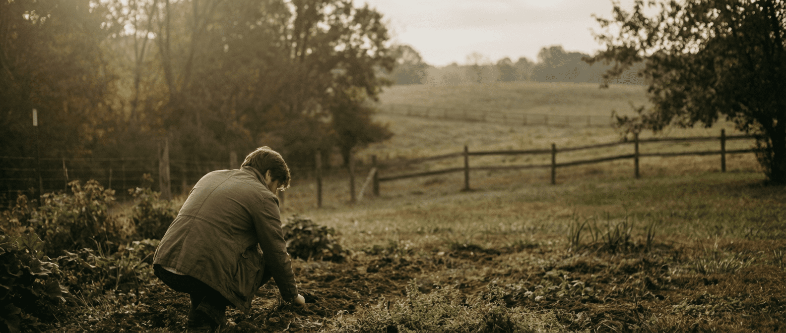 A man kneeling in a garden at sunrise, tending the soil in a quiet rural field.
