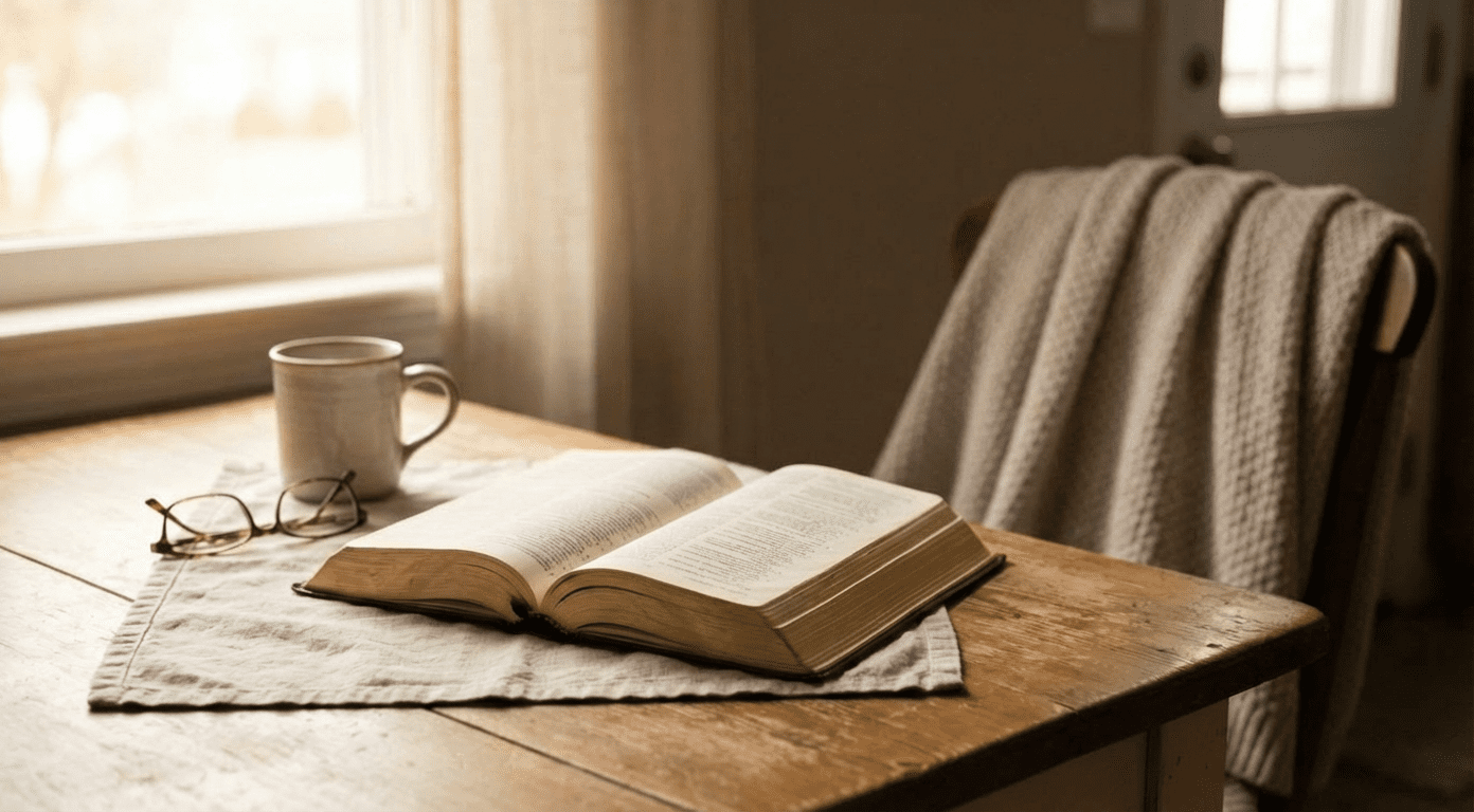 Open Bible on a wooden table in soft morning light, representing daily Christian discipleship and steady spiritual formation.