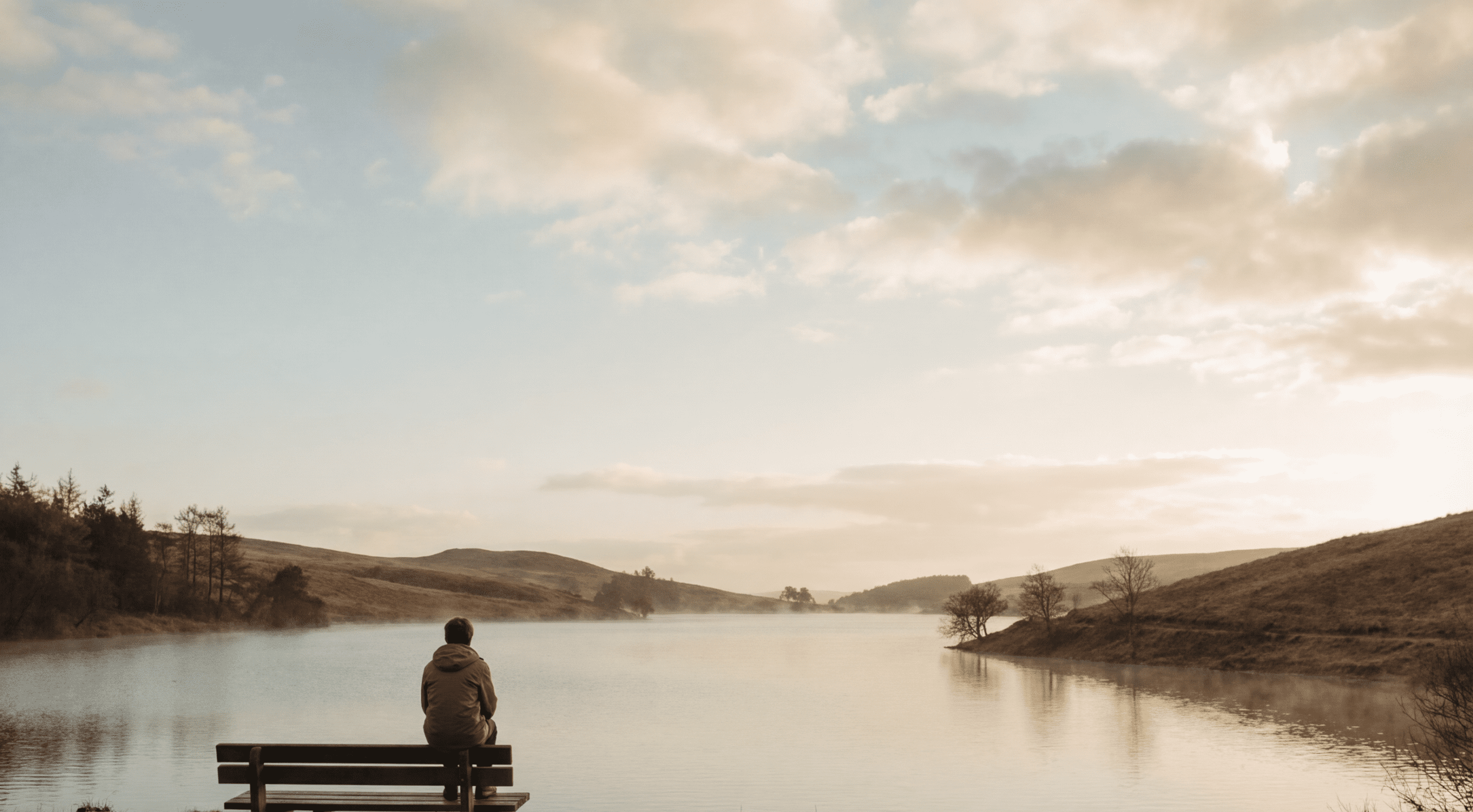 A person sitting on a bench overlooking a calm lake at sunrise with soft natural light.