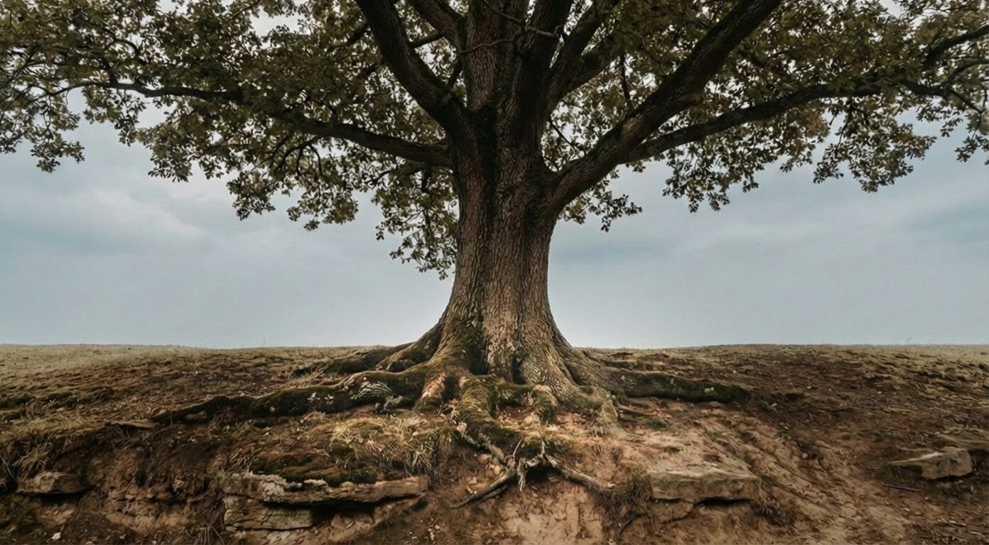 Mature tree with deep exposed roots in natural light, symbolizing the theological foundations of Christian discipleship rooted in creation, fall, and restoration.