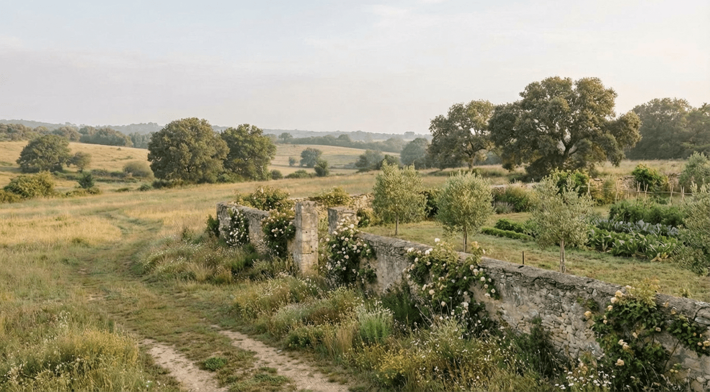 Stone wall and winding path through countryside fields at sunrise representing creation, fall, and restoration in Christian witness and mission