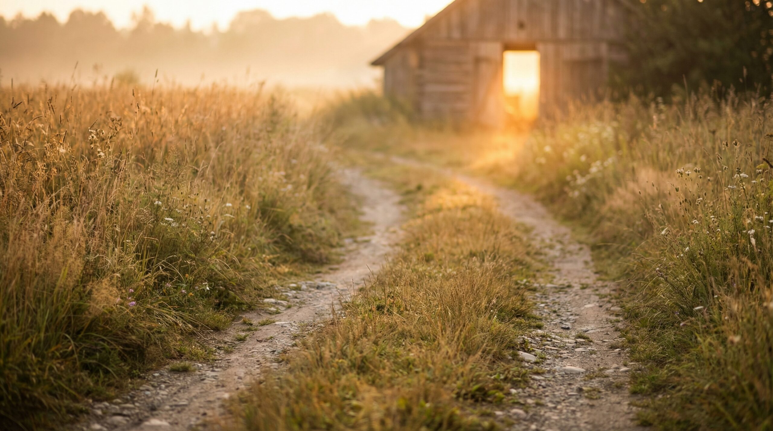 Dirt path through golden meadow grasses leading toward a weathered wooden structure with warm light in the open doorway