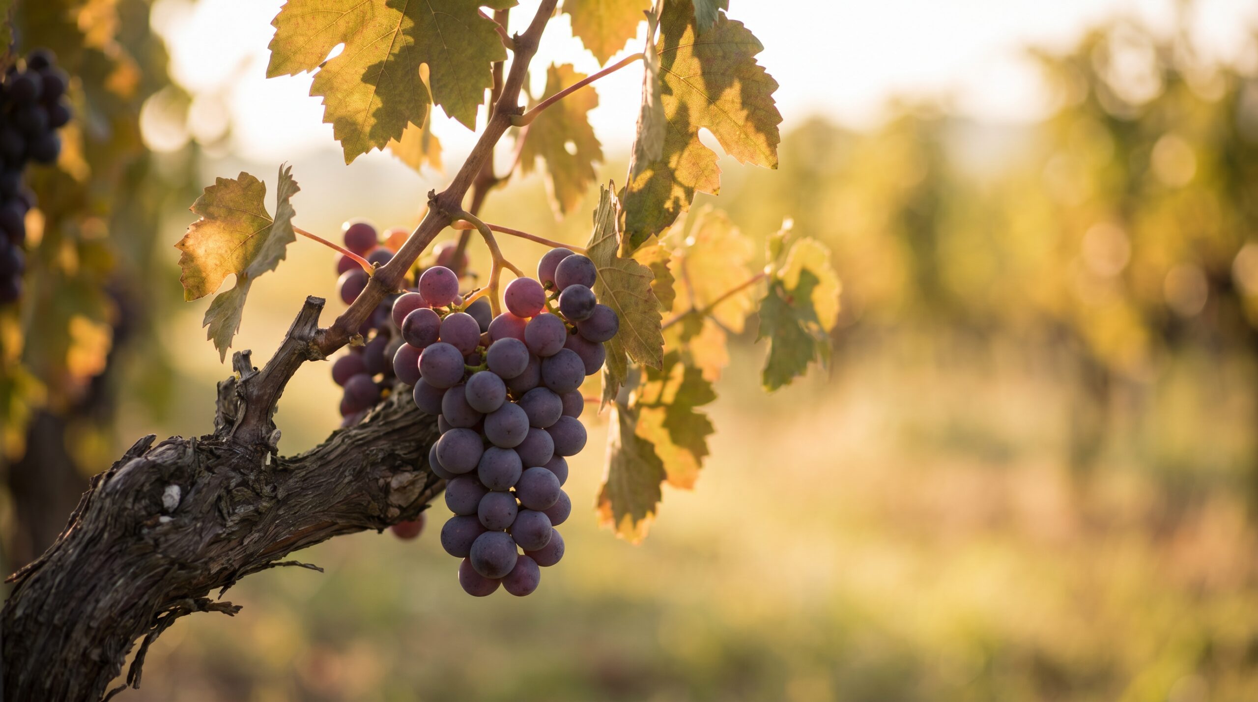 A cluster of ripe grapes hanging from a gnarled grapevine in warm golden light with a soft vineyard background