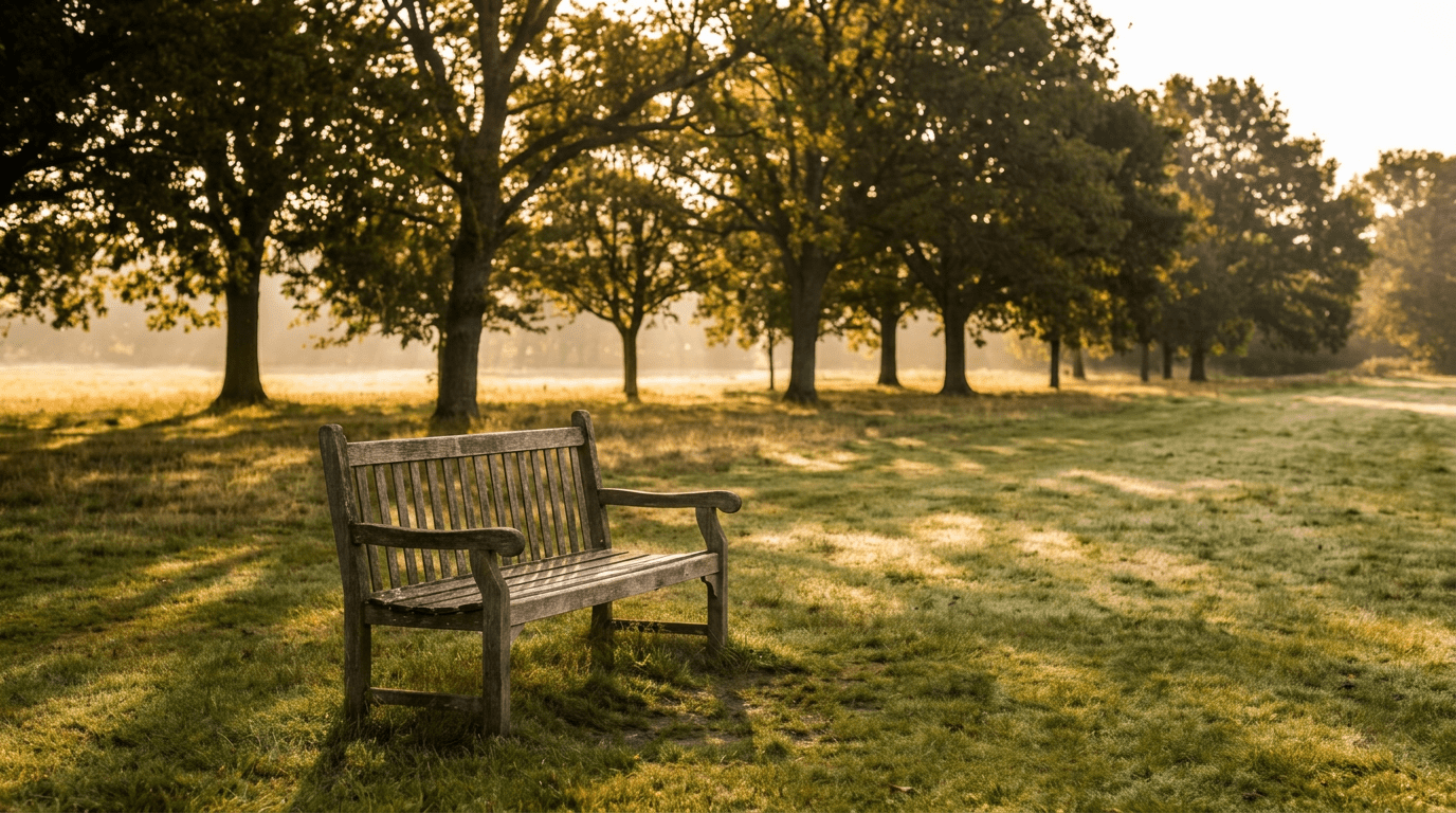 A worn wooden park bench in soft early morning light with a receding row of trees across an open grassy park