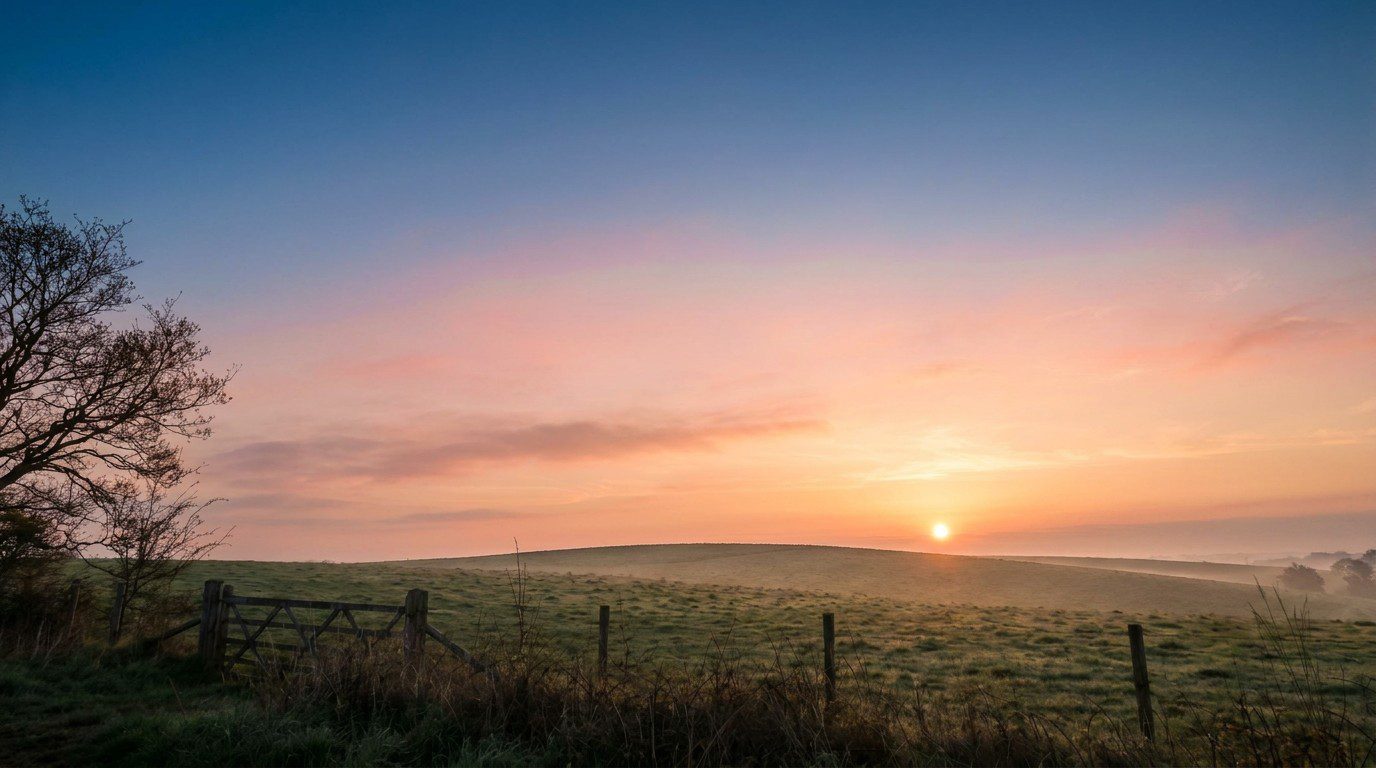 Sunrise over a quiet hillside, warm golden light at the horizon under a fading blue sky, evoking the settled gladness Paul names as joy among the fruit of the Spirit.