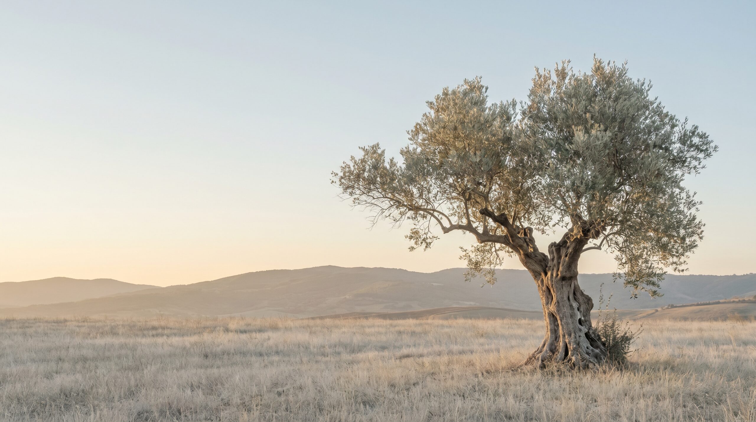 An ancient olive tree standing alone in a quiet field at golden hour, soft warm light across its silvery-green canopy