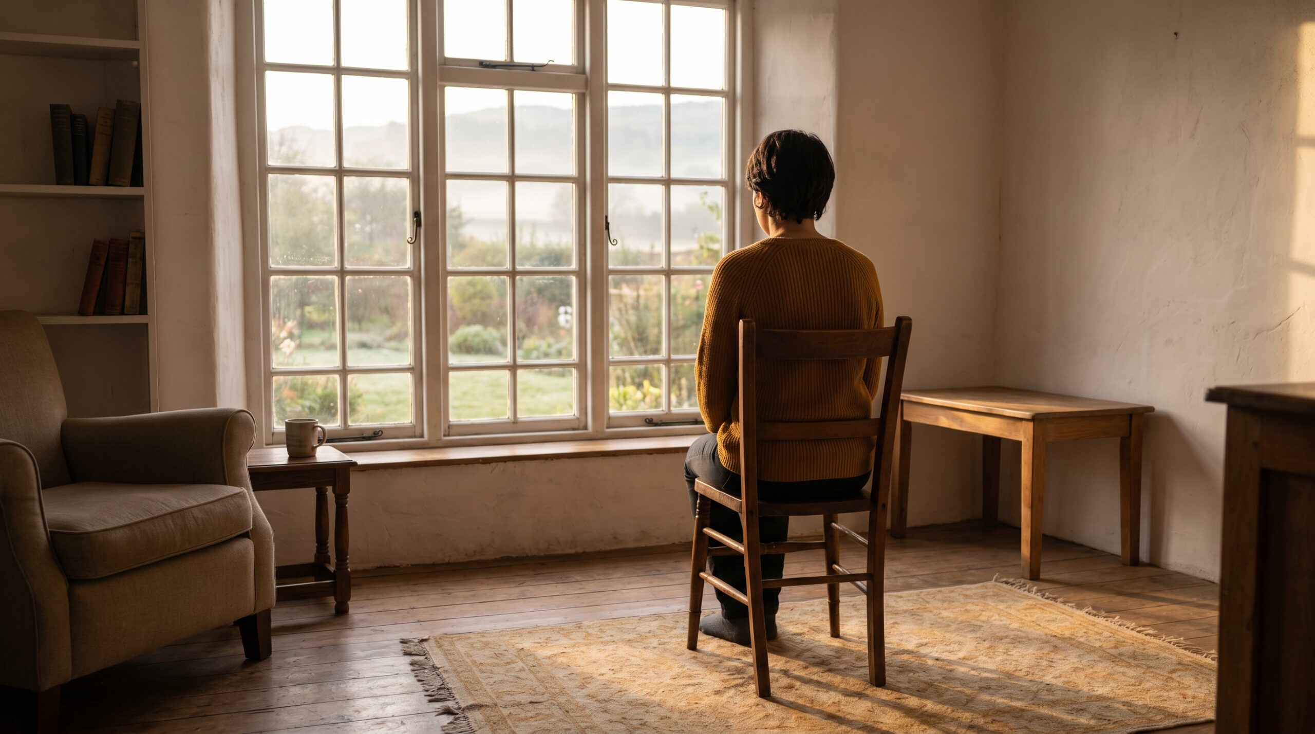 A person seated at a sunlit window in a warm, quiet room, still and present at the start of an ordinary day
