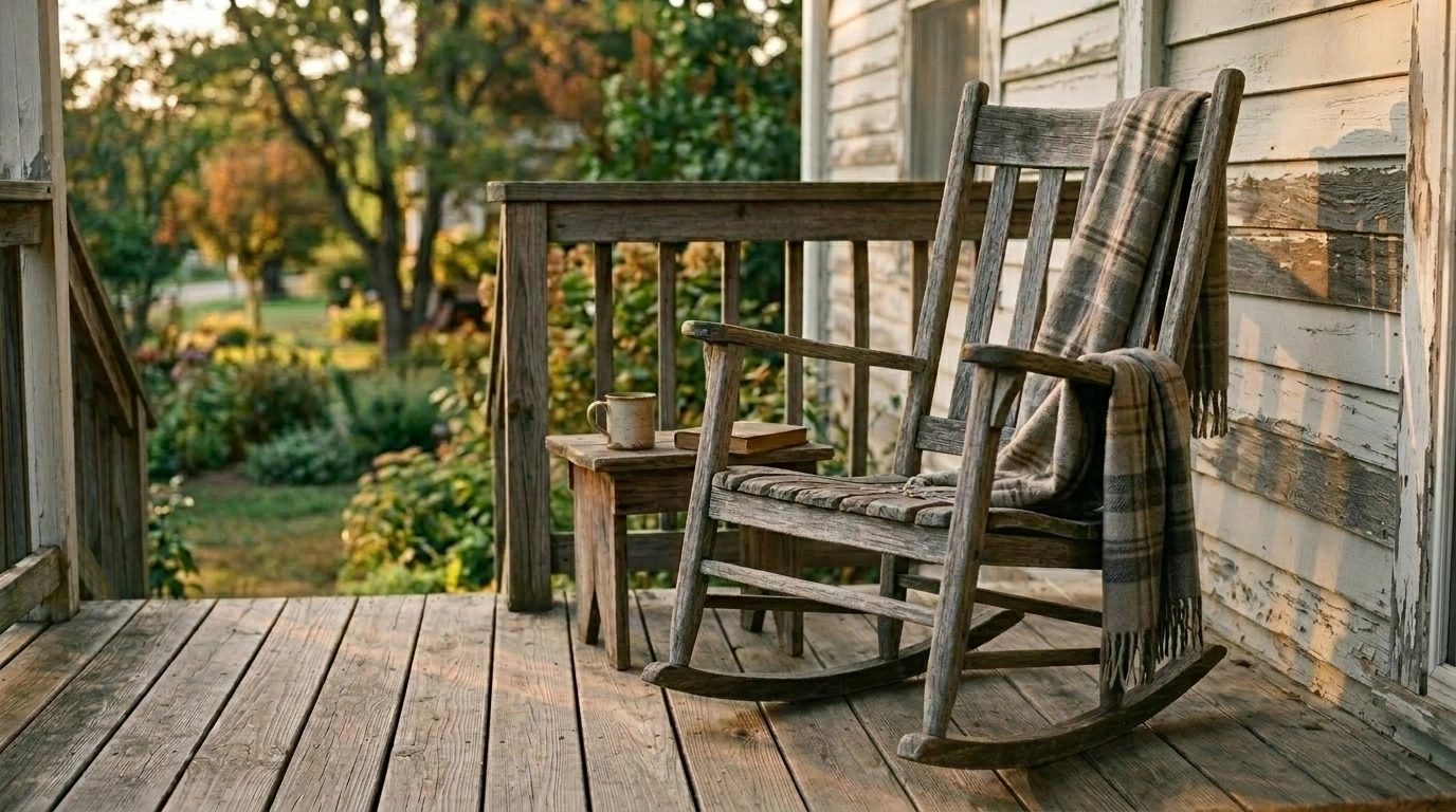 A weathered wooden rocking chair on a porch in warm late-afternoon golden light, suggesting the quiet hospitality and sustained kindness of a faithful life lived in welcome to others.