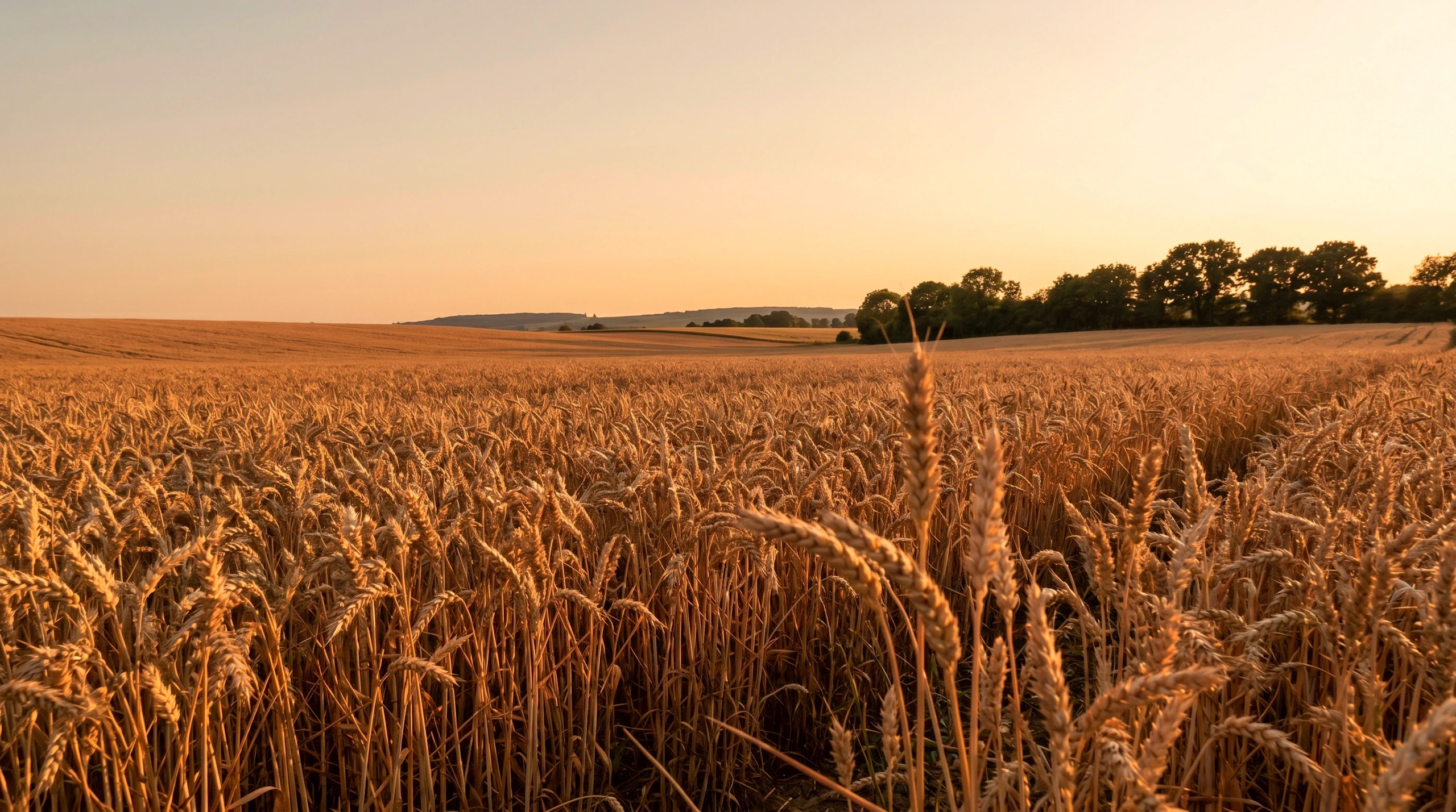 A mature wheat field at golden hour, with warm late-day sun casting long light across heads of grain, evoking the long patience James names when he writes of the farmer waiting for the precious fruit of the earth.