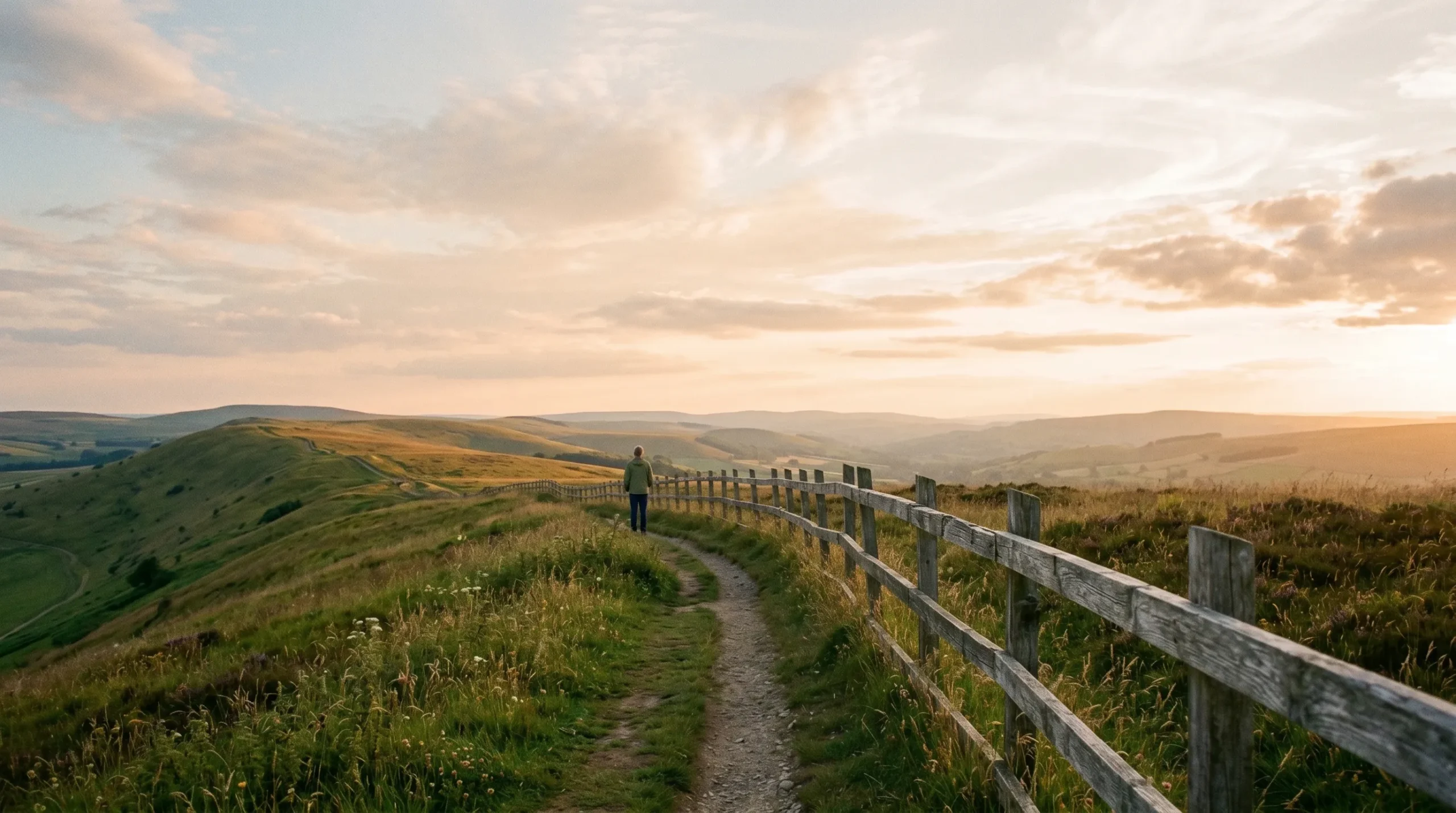 A quiet hillside path with a simple wooden rail along its edge at golden hour