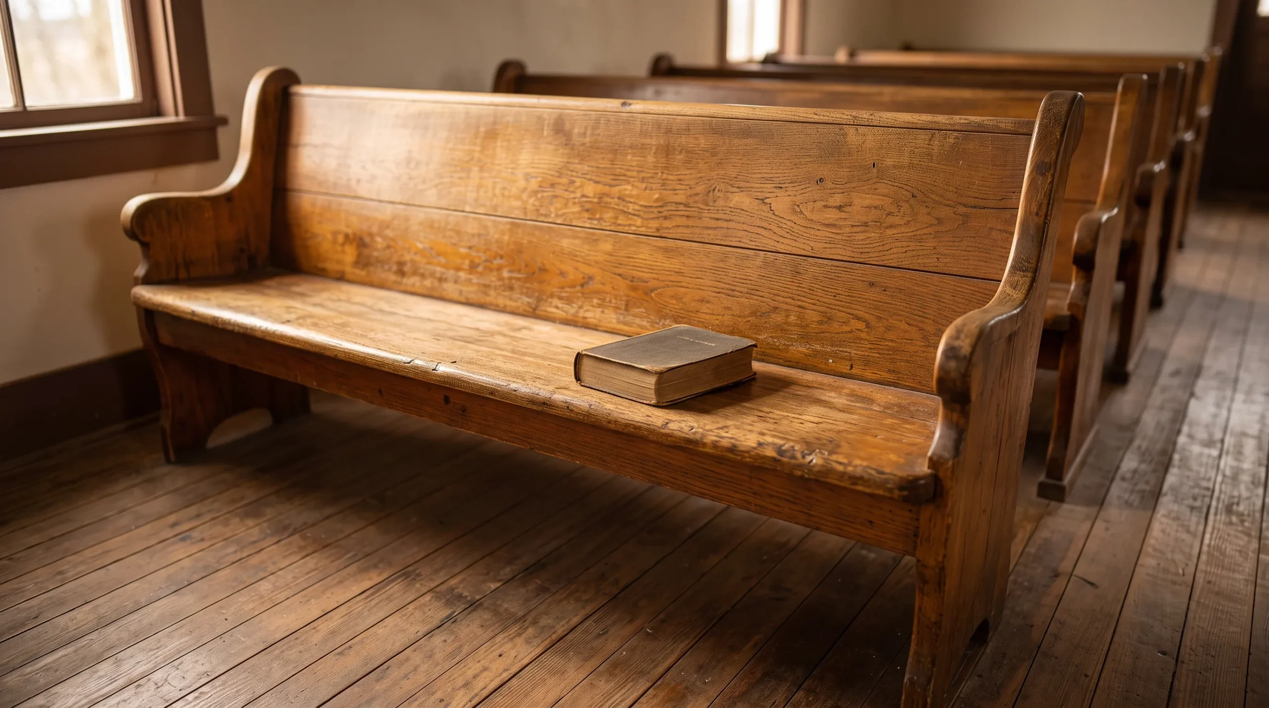 A weathered wooden church pew in warm afternoon light, with a well-worn Bible resting on the seat, evoking the sustained trustworthiness Scripture names as faithfulness among the fruit of the Spirit.