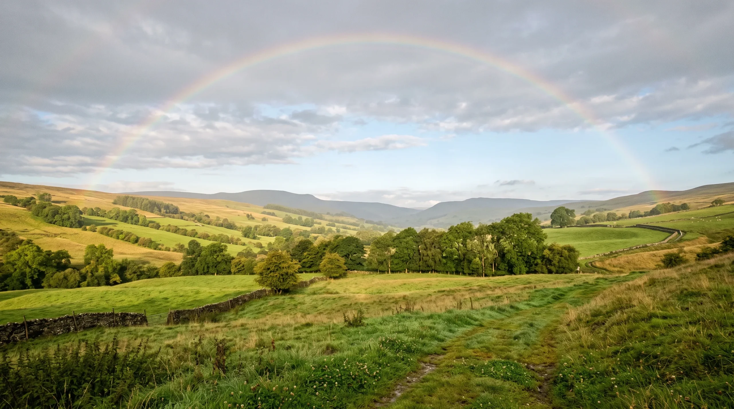 A faint rainbow over a green valley as clouds clear after rain