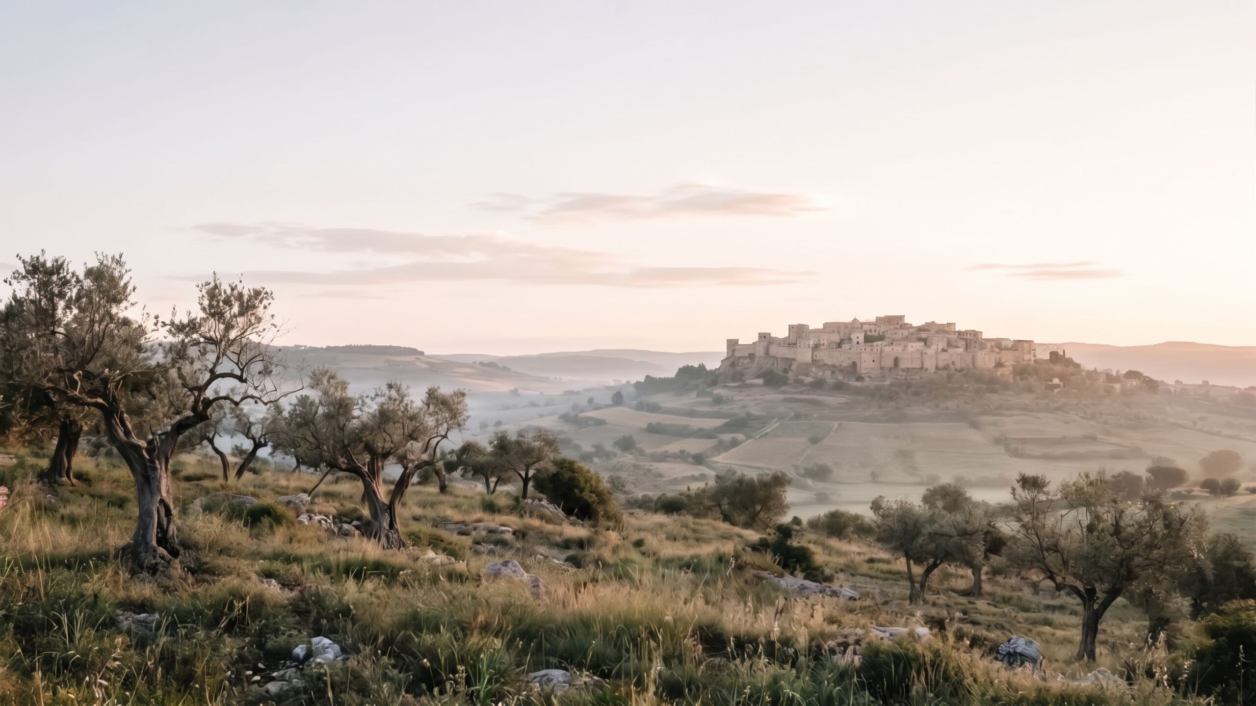 Olive trees on a hillside overlooking a distant ancient city at dawn