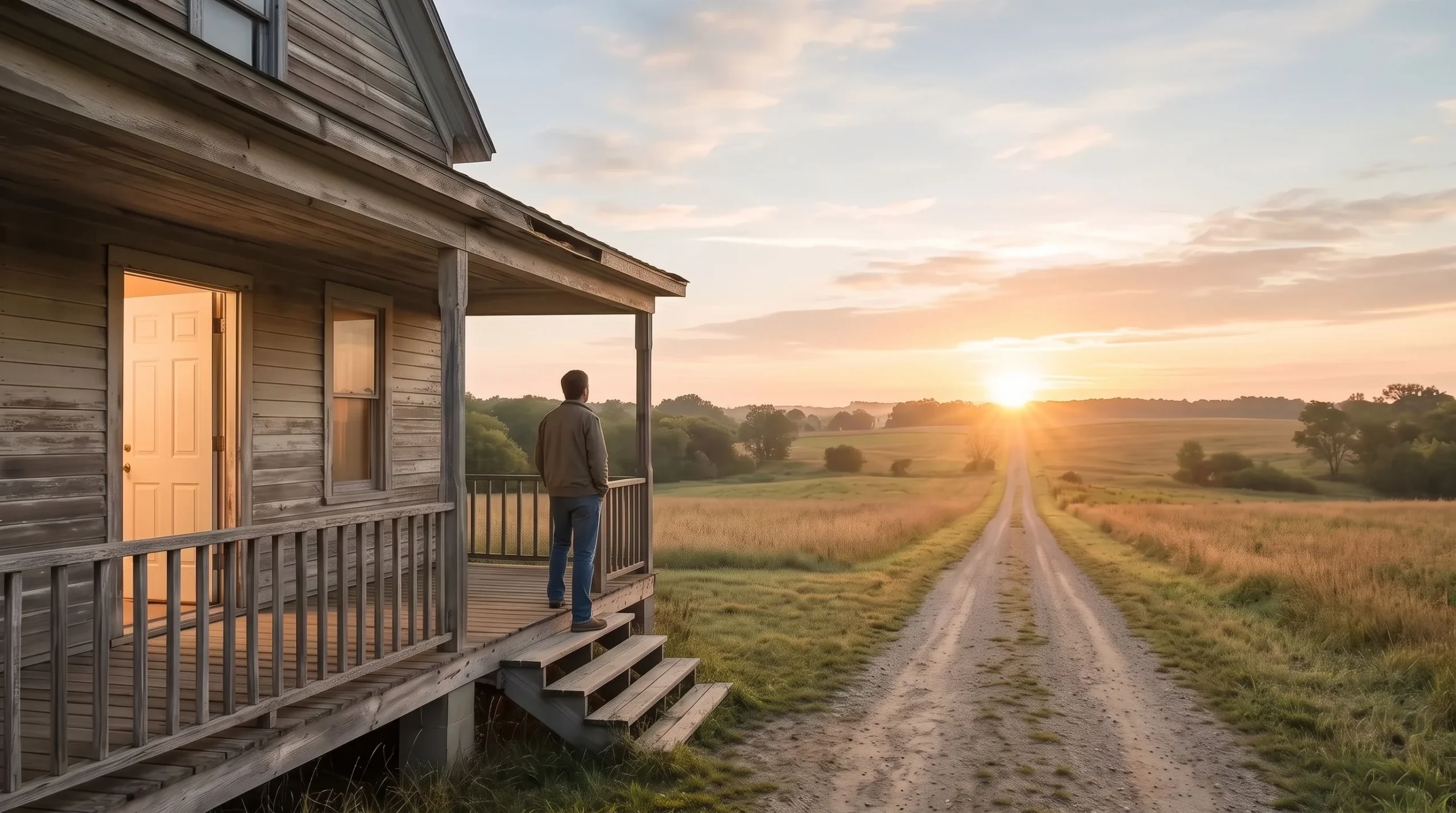 A person standing on a farmhouse porch at sunrise, looking down an empty country lane toward the morning light.