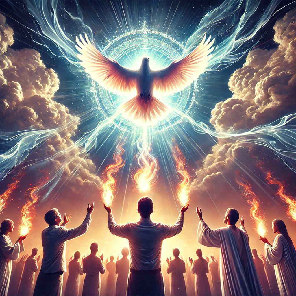 A glowing dove descends from the heavens, radiating light onto a group of believers praying in unity. Tongues of fire rest on their heads, symbolizing power of the Holy Spirit, while a stormy sky looms in the background, representing spiritual warfare.