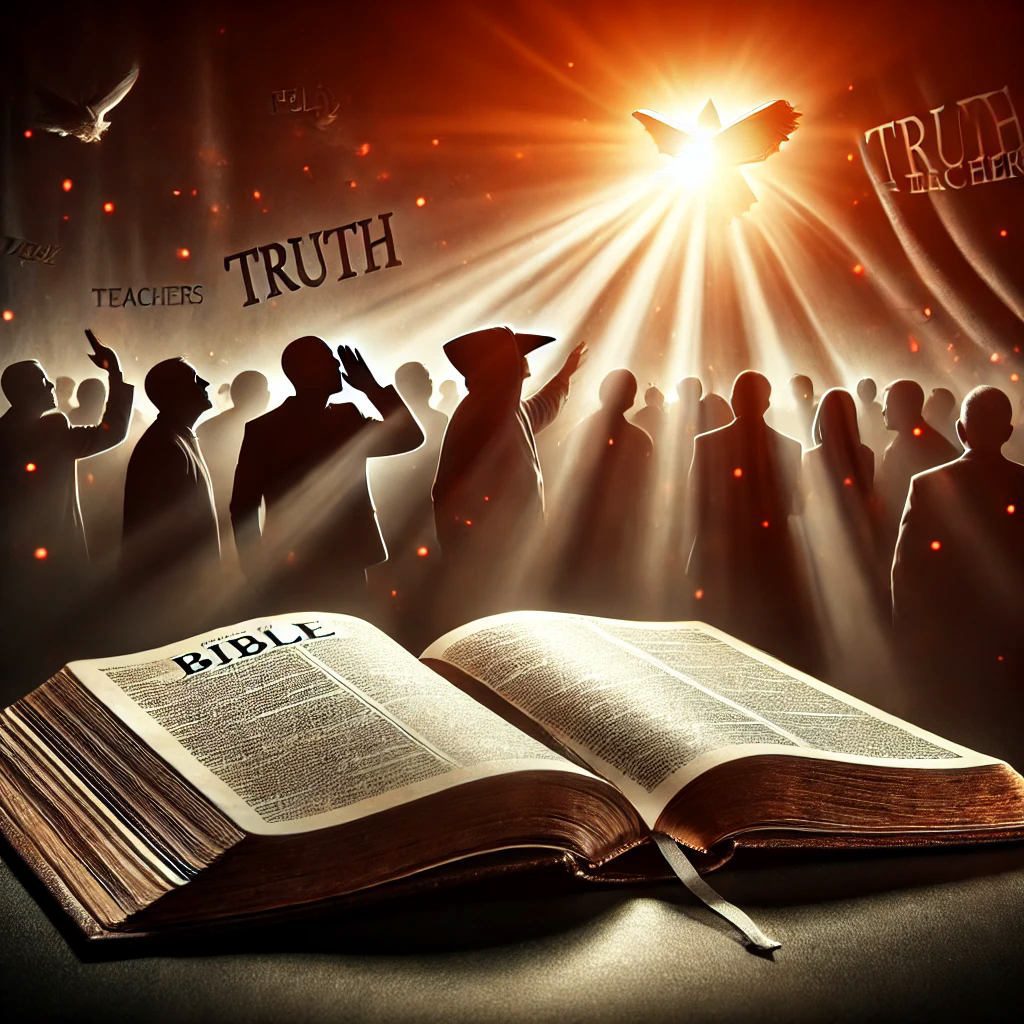 An open Bible with a radiant light shining from its pages, symbolizing divine truth, surrounded by dark shadows representing deception and false teachings. In the background, silhouettes of people turn away, covering their ears or looking toward misleading figures. It begs the question are you enduring sound doctrine or justifying sin??