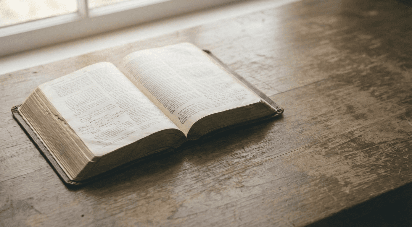 An open Bible with handwritten notes resting on a worn wooden table in soft window light