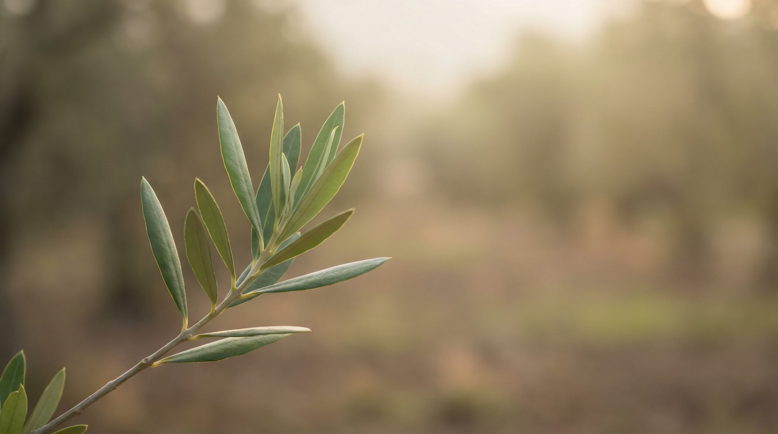 A young olive branch with soft morning light filtering through its leaves against a blurred natural background