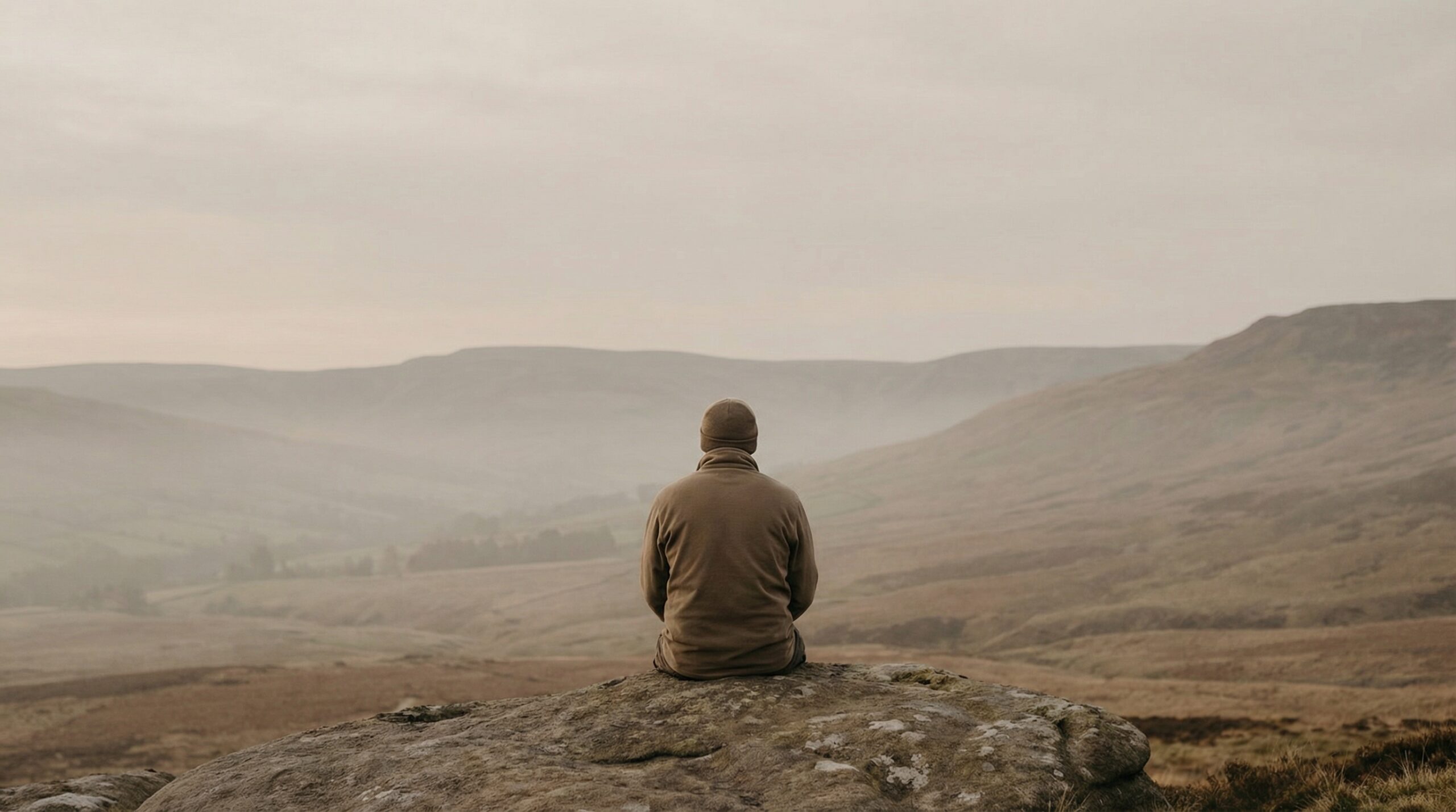 A figure seated alone on a rock overlooking a wide misty valley in soft overcast light