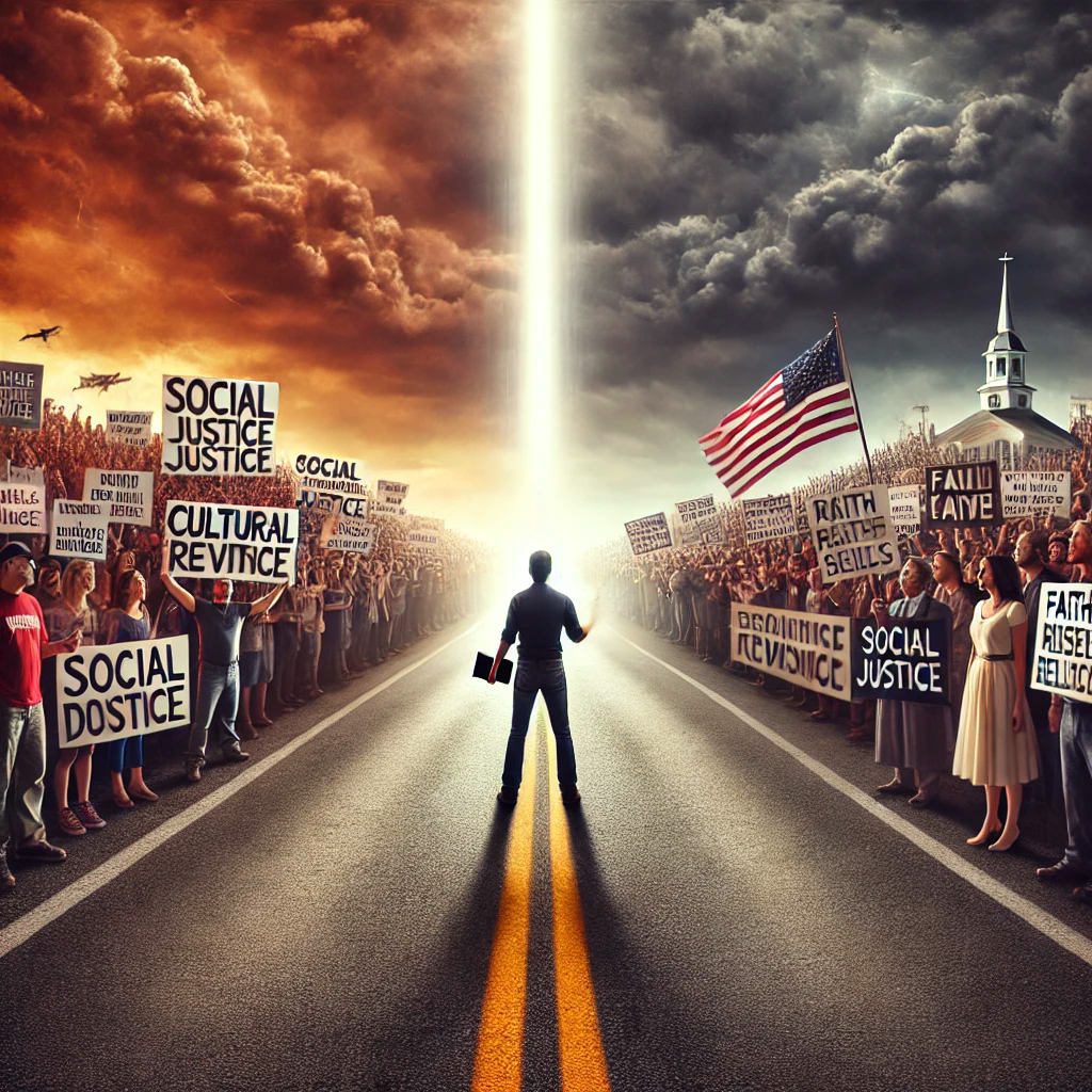 A lone figure stands in the middle of a road, holding a Bible and a Christian flag, as two opposing crowds on either side hold signs representing different cultural movements and ideologies. The background features storm clouds over the divided groups, with a beam of light illuminating the central figure, symbolizing faith above earthly conflicts. This represents A Christian response to cultural movements.