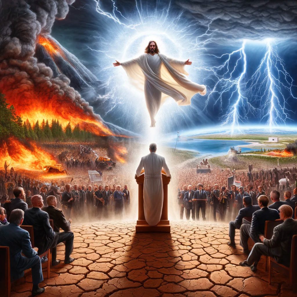 A dramatic scene of global chaos, including wildfires, storms, earthquakes, and politicians deceiving a desperate crowd, while in the background, Jesus Christ arrives on a white horse through the clouds, bringing peace and hope among the chaos.