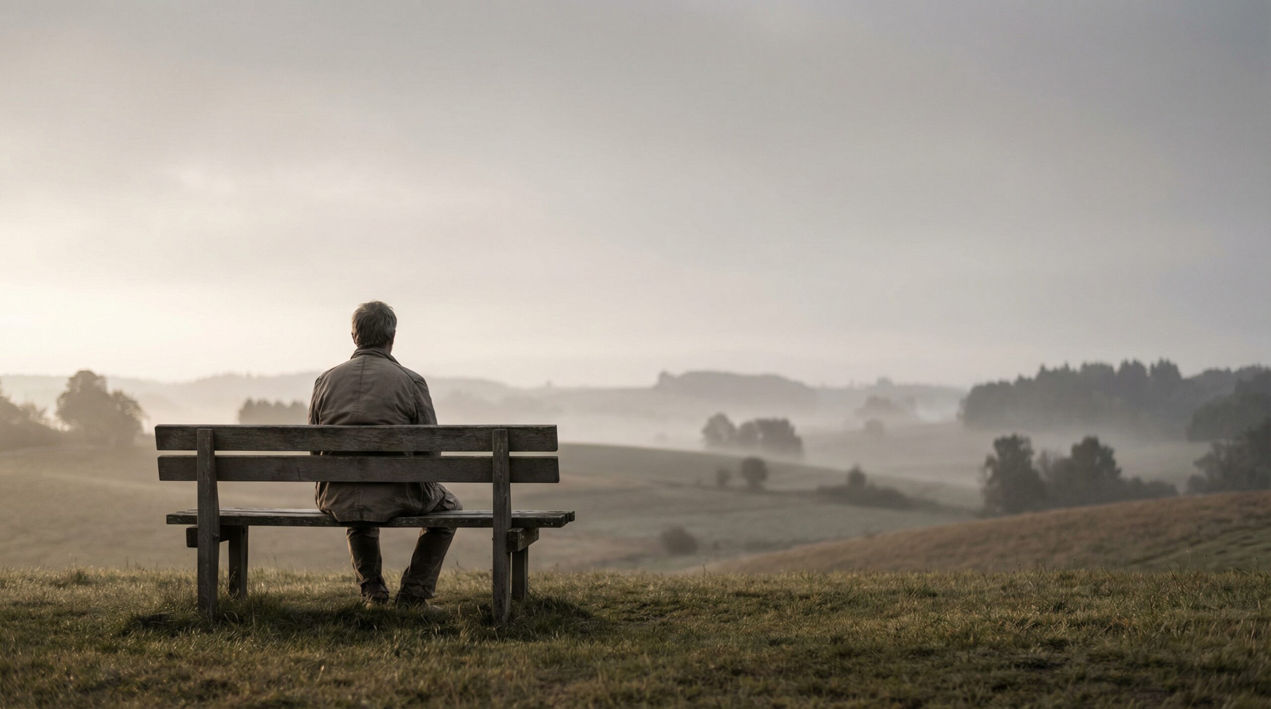 A man seated alone on a wooden bench overlooking a wide misty valley in soft early morning light