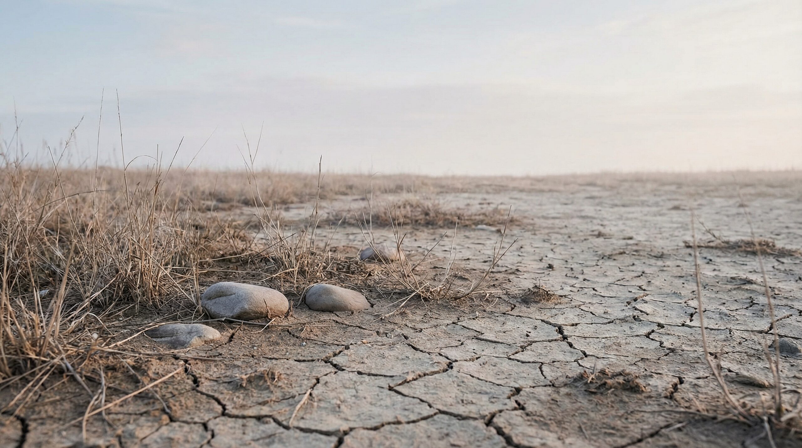 Cracked dry earth with smooth stones and sparse grass under soft overcast morning light