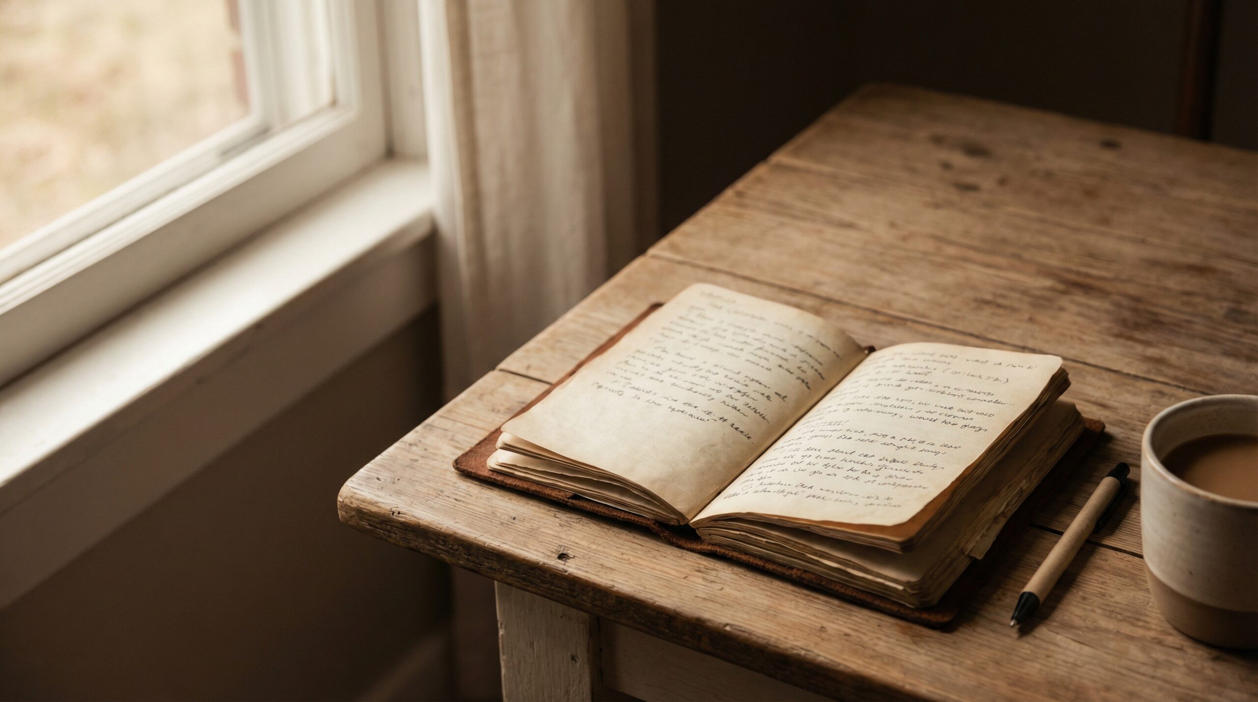 An open journal with handwritten pages resting on a worn wooden table beside a window in soft morning light, with a pen and coffee cup nearby