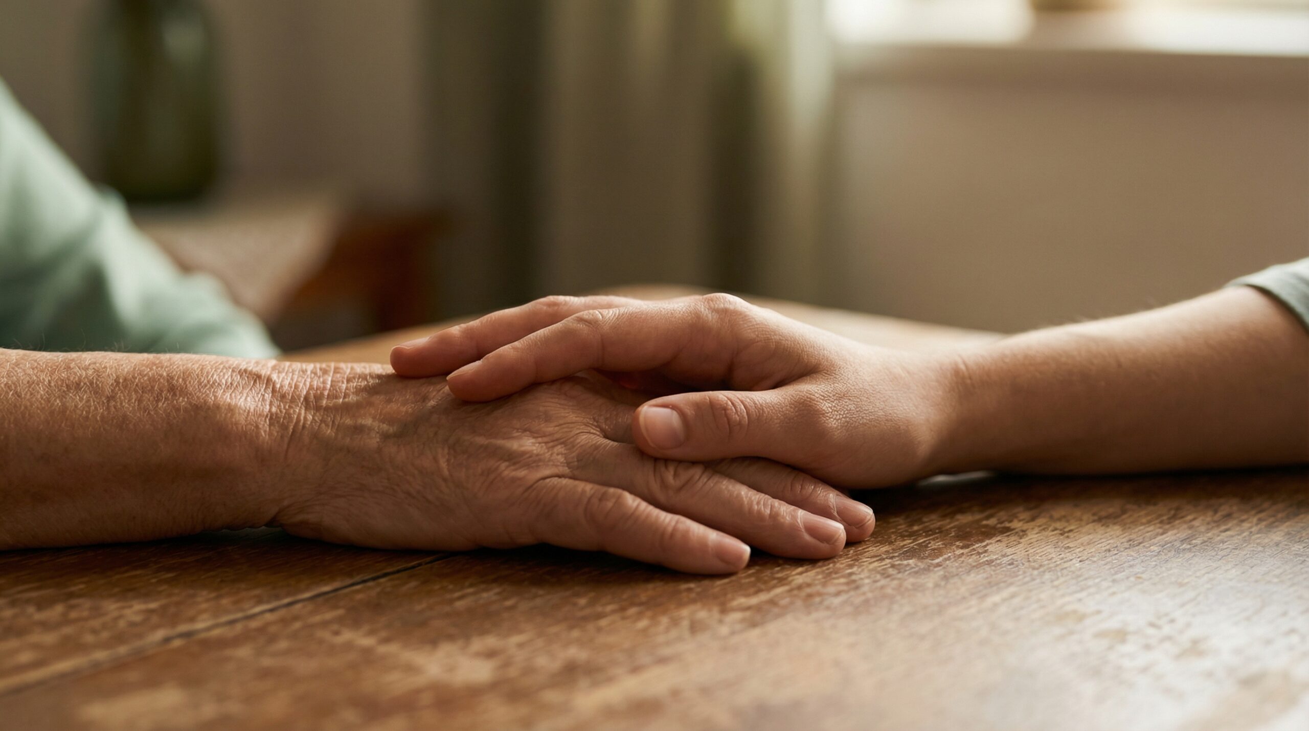 A younger hand resting gently over an older hand on a warm wooden table in soft natural light
