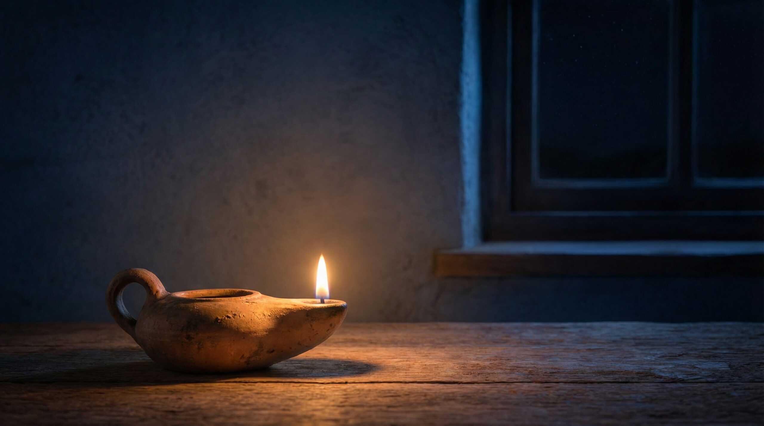 An ancient clay oil lamp burning with a small steady flame on a worn wooden surface against a dark stone wall at night