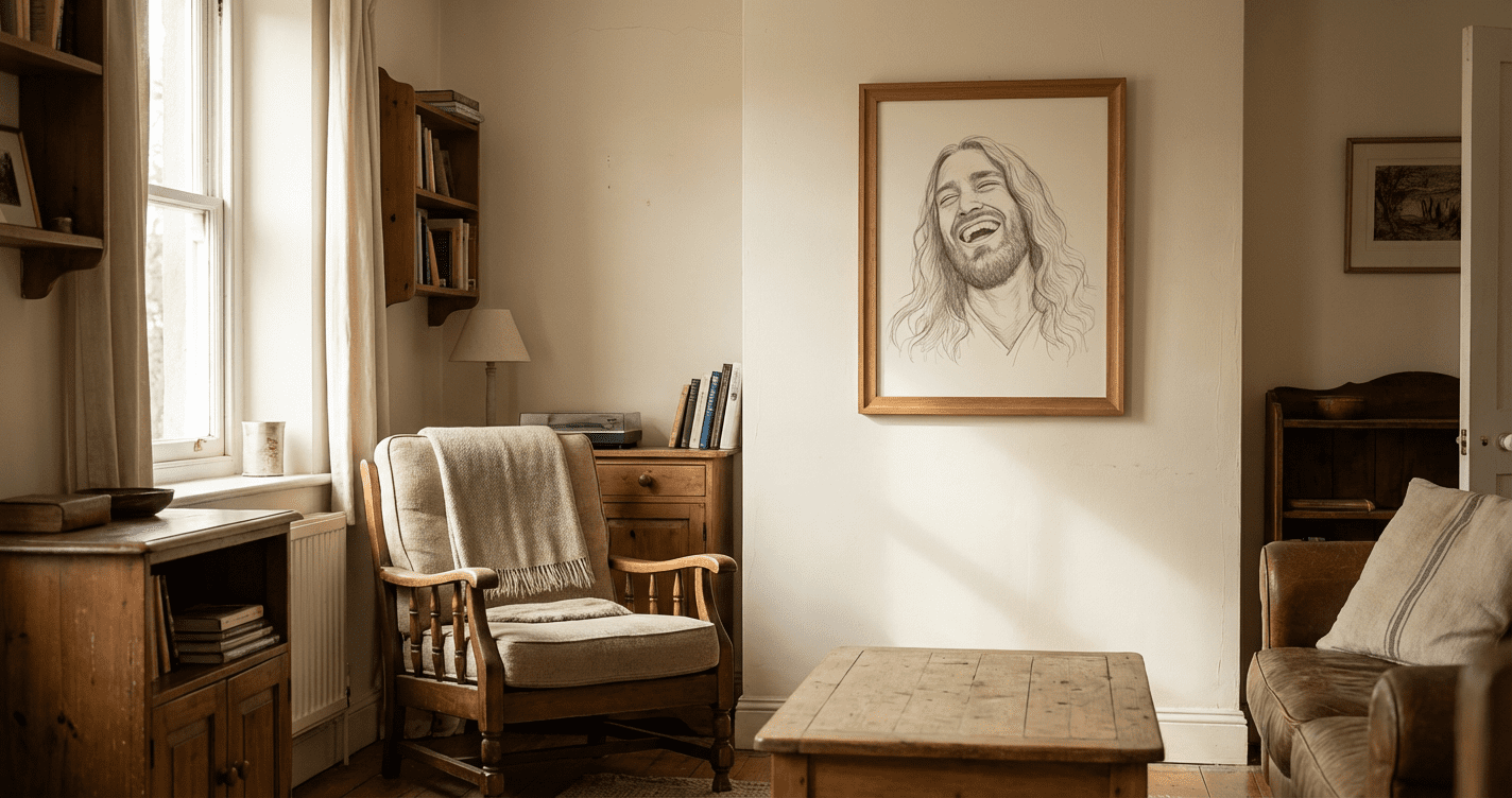 A warm, lived-in sitting room with wooden furniture and soft natural light, with a framed pencil sketch of a laughing figure on the wall