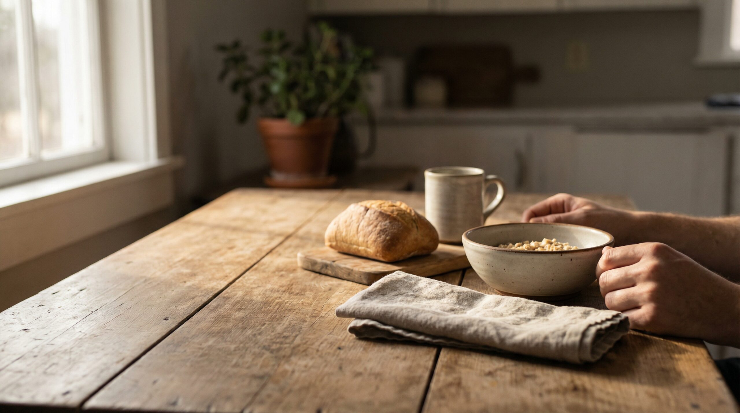A worn wooden kitchen table in soft morning light with bread, a ceramic bowl, a mug, and a linen cloth, with a hand resting on the bowl