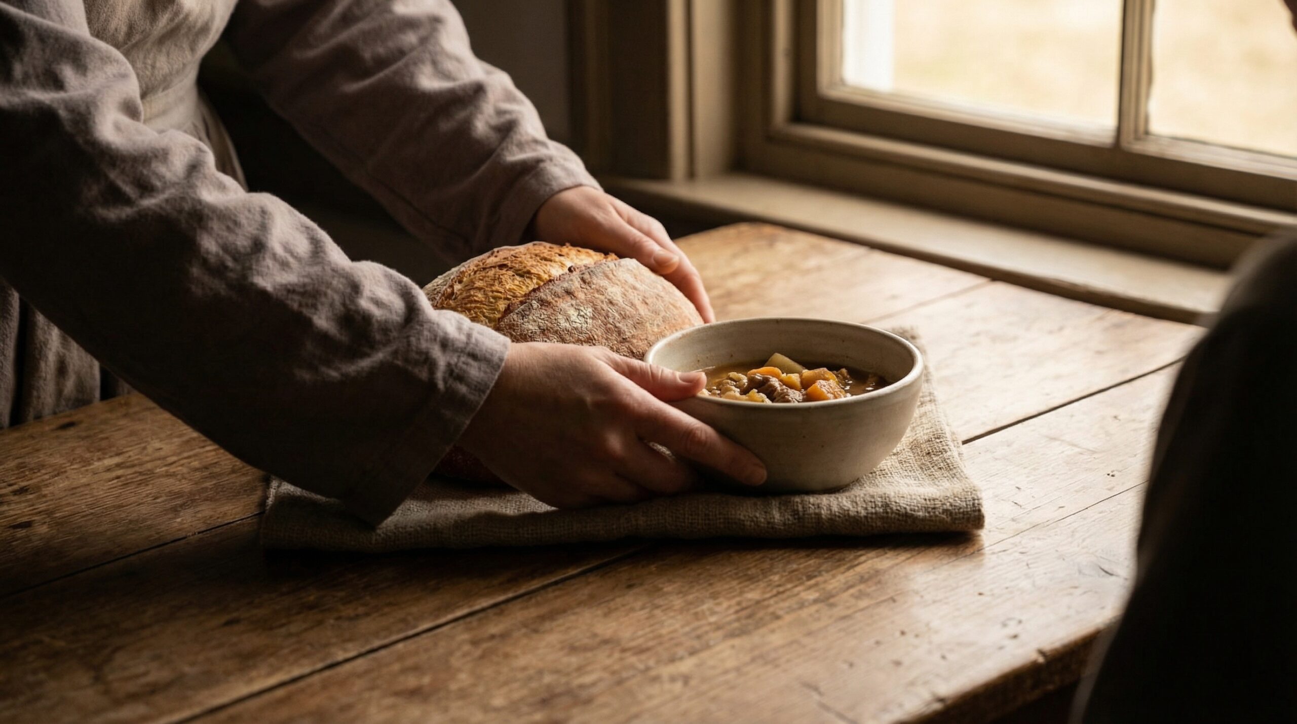 A person placing a rustic loaf of bread and a ceramic bowl of stew on a worn wooden table beside a window in warm natural light